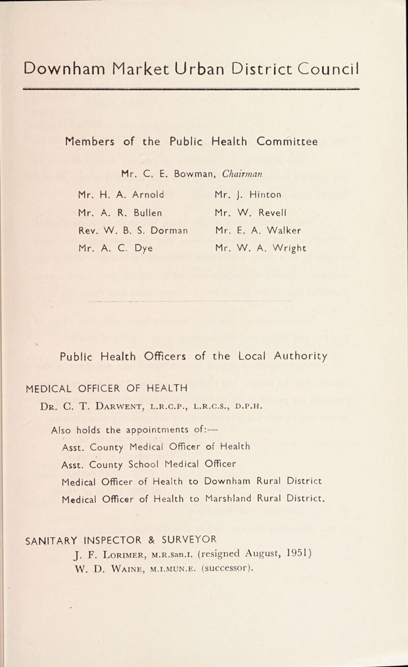 Downham Market Urban District Council Members of the Public Health Committee Mr. C. E. Bowman, Chairman Mr. H. A. Arnold Mr. J. Hinton Mr. W. Revell Mr. E. A. Walker Mr. W. A. Wright Mr. A. R. Bullen Rev. W. B. S. Dorman Mr. A. C. Dye Public Health Officers of the Local Authority MEDICAL OFFICER OF HEALTH Dr. C. T. Darwent, l.r.g.p., l.r.g.s., d.p.h. Also holds the appointments of: — Asst. County Medical Officer of Health Asst. County School Medical Officer Medical Officer of Health to Downham Rural District Medical Officer of Health to Marshland Rural District. SANITARY INSPECTOR & SURVEYOR J. F. Lorimer, M.R.san.i. (resigned August, 1951) W. D. Waine, m.i.mun.e. (successor).