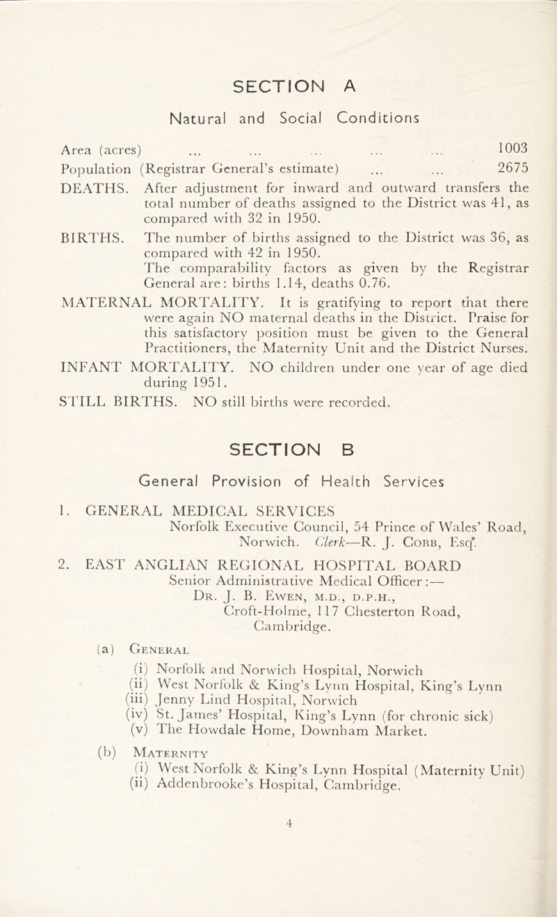 Natural and Social Conditions Area (acres) ... ... ... ... ... 1003 Population (Registrar General’s estimate) ... ... 2675 DEATHS. After adjustment for inward and outward transfers the total number of deaths assigned to the District was 41, as compared with 32 in 1950. BIRTHS. The number of births assigned to the District was 36, as compared with 42 in 1950. The comparability factors as given by the Registrar General are: births 1.14, deaths 0.76. MATERNAL MORTALITY. It is gratifying to report that there were again NO maternal deaths in the Disti'^ict. Praise for this satisfactory position must be given to the General Practitioners, the Maternity Unit and the District Nurses. INFANT MORTALITY. NO children under one year of age died during 1951. STILL BIRTHS. NO still births were recorded. SECTION B General Provision of Health Services 1. GENERAL MEDICAL SERVICES Norfolk Executive Council, 54 Prince of Wales’ Road, Norwich. Clerk—R. J. Cobb, Esq”. 2. EAST ANGLIAN REGIONAL HOSPITAL BOARD Senior Administrative Medical Officer :— Dr. J. B. EwEN, M.D., D.P.H., Croft-Holme, 117 Chesterton Road, Cambridge. (a) General (i) Norfolk and Norwich Hospital, Norwich (ii) West Norfolk & King’s Lynn Hospital, King’s Lynn (iii) Jenny Lind Hospital, Norwich (iv) St. James’ Hospital, King’s Lynn (for chronic sick) (v) The Howdale Home, Downham Market. (b) Maternity (i) West Norfolk & King’s Lynn Hospital (Maternity Unit) (ii) Addenbrooke’s Hospital, Cambridge.