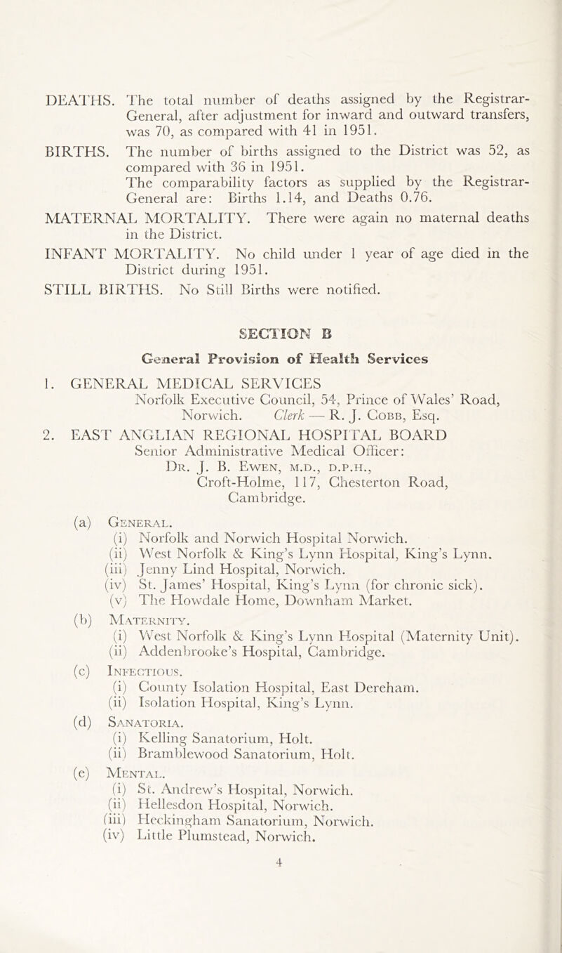 DEATHS. The total number of deaths assigned by the Registrar- General, after adjustment for inward and outward transfers, was 70, as compared with 41 in 1951, BIRTHS. The number of births assigned to the District was 52, as compared with 36 in 1951. The comparability factors as supplied by the Registrar- General are: Births 1.14, and Deaths 0.76. MATERNAL MORTALITY. There were again no maternal deaths in the District. INFANT MORTALITY. No child under 1 year of age died in the District during 1951. STILL BIRTHS. No Still Births were notified. SECTION B General Provision of Health Services 1. GENERAL MEDICAL SERVICES Norfolk Executive Council, 54, Prince of Wales' Road, Norwich. Clerk — R. J. Cobb, Esq. 2. EAST ANGLIAN REGIONAL HOSPITAL BOAPJ9 Senior Administrative Medical Officer: Dr. J. B. Ewen, M.D., D.P.H., Croft-Holme, 117, Chesterton Road, Cambridge. (a) General. (i) Norfolk and Norwich Hospital Norwich. (ii) West Norfolk & King’s Lynn Hospital, King’s Lynn. (iii) Jenny Lind Hospital, Norwich. (iv) St. James’ Hospital, King’s Lynn (for chronic sick). (v) The Llowdale Home, Downham Market. (b) Maternity. (i) West Norfolk & King’s Lynn Hospital (Maternity Unit). (ii) Addenbrooke’s Hospital, Cambridge. (c) Infectious. (i) County Isolation Hospital, East Dereham. (ii) Isolation Hospital, King’s Lynn. (d) Sanatoria. (i) Kelling Sanatorium, Holt. (ii) Bramblewood Sanatorium, Holt. (e) Mental. (i) St. Andrew’s Hospital, Norwich. (ii) Hellesdon Hospital, Norwich. (in') Heckingham Sanatorium, Norwich. (iv) Little Plumstead, Norwich.