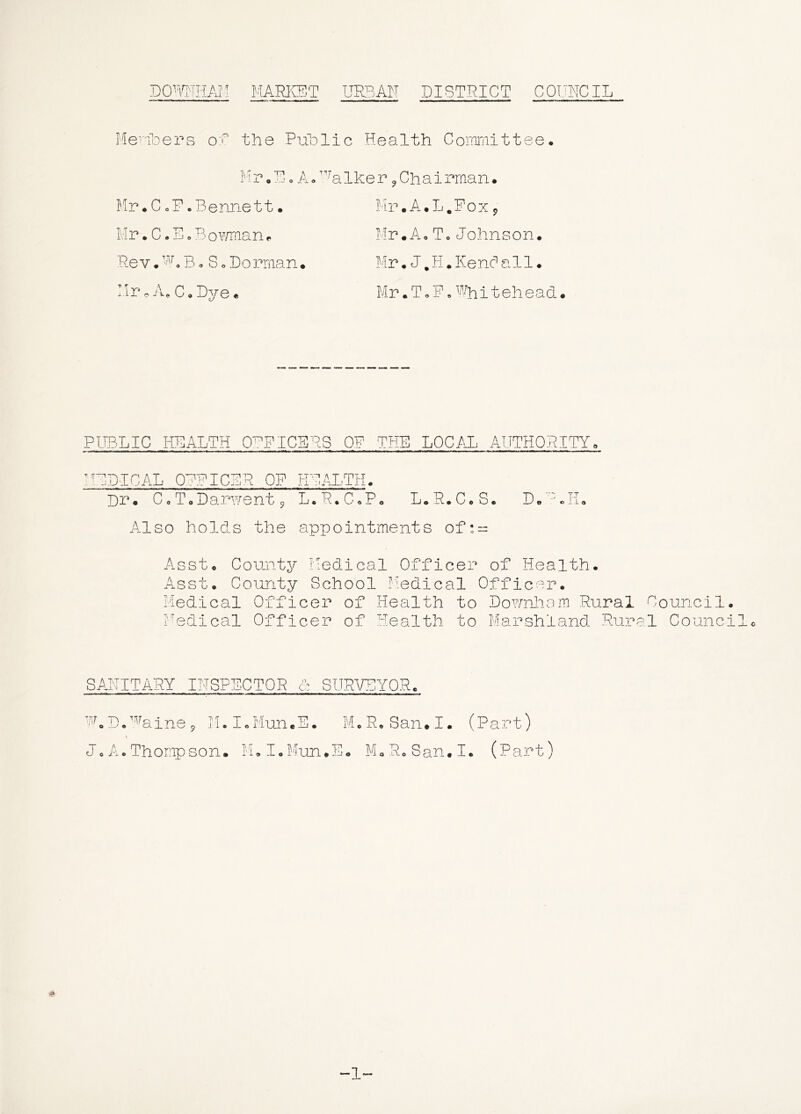 DOWHAM MARKET URBAN DISTRICT COI'NCIL Me-Toers oB the PiTolic Health Committee. M r, H o A»Ike r, Ch a i rman • Mr.C oF.Bennett• Mr. C. F. B o¥/man ^ Rev. 'B, B o S o Do rman • Mr C, Dye« Mr.A.L,Fox ^ Mr.Ao To Johnson. Mr.J.H.KenSall. Mr. T o F o s/hi t ehead. PLTP..LIC HEALTH OFFICERS OF THE LOC/CL AUTHORITY. MBDICAL OFFICER OF KFAIEH. Dr. CoToDarwentj L.R.C.Po L.R.C.S. Do'-MK. Also holds the appointments of;- Asst. County Medical Officer of Health. Asst. County School Medical Officer. Medical Officer of Health to Doe/nJiam Rural I'edical Officer of Health to Marshland. Rur SANITARY INSPECTOR c: SERVE, YOR, D.''%ine 9 M.IoMun.S. M.RoSan.I. (Part) Jo A o Thornp son. M.I.Mun.E. M.R.San.I. (Part) Council. 1 Councilo -1-