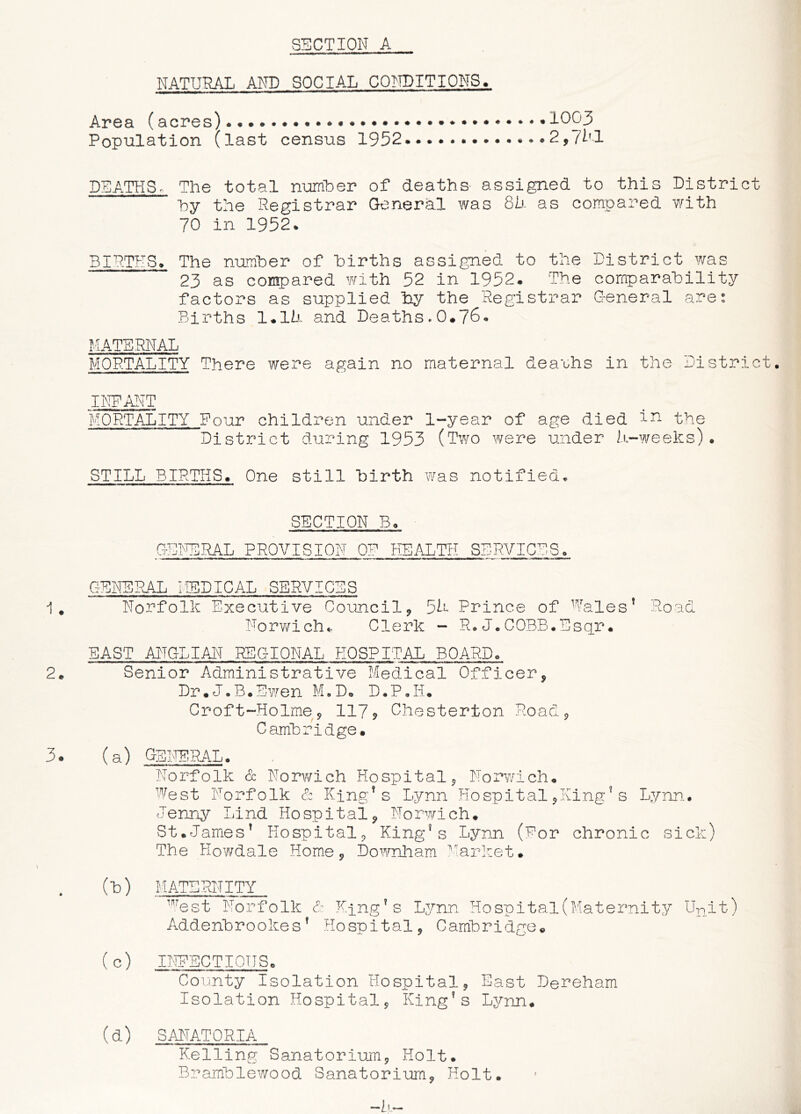 SECTION A NATURAL AND SOCIAL C0:NDITI0NS« Area (acres) 1003 Population (last census 1952 2,7M DEATHSc The total numher of deaths- assigned to this District hy the Registrar General was 81- as compared with 70 in 1952* BIRTHS^ The numher of Births assigned to the District was 23 as compared with 52 in 1952. The comparahility factors as supplied By the Registrar General are: Births 1.11. and Deaths.0.76. MATERNAL MORTALITY There were again no maternal deauhs in the District. INBAIiT MORTALITY Four children under 1-year of age died the District during 1953 (Two were under i.i-weeks) • STILL BIRTHS. One still Birth was notified, SECTION B. GEjTERAL PROVISION OR HEALTH SERVICES. GENERAL MEDICAL SERVICES 1. Norfolk Executive Council^ 51 Prince of Wales* Road Norv/ich.. Clerk - R. J.COBB.Esgr♦ EAST ANGLIAN REGIONAL HOSPITAL BOARD. 2. Senior Administrative Medical Officer, Dr.J.B.Evren M,D. D.P.Ii. Croft-Holme, 117? Chesterton Road, CamBridge. 3. (a) general. Norfolk & Norwich Hospital, Norwich. West Norfolk c-c King* s Lynn Hospital,King* s Lynn.. Jenny Lind Hospital, Norwich. St.James* Hospital, King*s Lynn (Por chronic sick) The Howdale Home, Downham Marl^et. (b) maternity '■Bst Norfolk d King*s Lynn Hospital(Maternity Nnit) AddenBrookes * Hospital, CamBridge. (c) INEECTIOTISo County Isolation Hospital, East Dereham Isolation Hospital, King’s Lynn. (d) SANATORIA Kelling Sanatorium, Holt. BramBlewood Sanatorium, Holt.