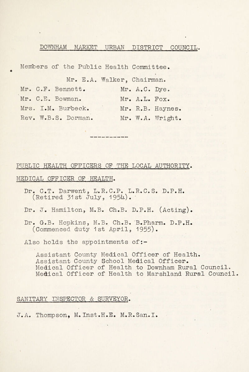 Members of the Public Health Committee* Mr. E.A. Walker, Chairman. Mr. C.F. Bennett. Mr. A.C. Dye. Mr. C.E. Bowman. Mr. A.L. Fox. Mrs. I.M. Burbeck. Mr. R.Bo Haynes Rev. W.B.S. Dorman. Mr. W.A. Wright PUBLIC HEALTH OFFICERS OF THE LOCAL AUTHORITY* MEDICAL OFFICER OF HEALTH. Dr. C.T. Darwent* L.R.C.P. L.R.C.S* D.P.H. (Retired 31st July, 195^). ' Dr. J. Hamilton, M.B. Ch.B. D.P.H. (Acting)* Dr. O.B. Hopkins, M.B. Ch.B. 'B.Pharm. D.P.H. (Commenced duty 1st April, 1955)* Also holds the appointments of:- * Assistant County Medical Officer of Health. Assistant County School Medical Officer. Medical Officer of Health to Downham Rural Council. Medical Officer of Health to Marshland Rural Council SANITARY INSPECTOR & SURVEYOR. J.A. Thompson, M.Inst.H.E. M.R.San.I.