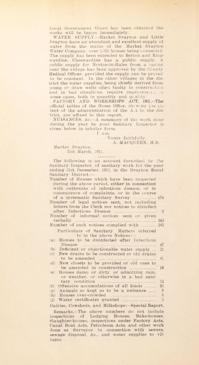 Local (iovei'iimeiit lioard lias been obtained the works will be beg'un immediately. WATEll SUPPLY.—Market Drayton and Little Drayton have an' abundant and excellent supply oi water from the mains of the Market Drayton Water Company, over 1,000 houses being connected The supply has been extended to Betton ami King- wardine. Cheswardine has a public supply. A public supply for Ncrton-in-llales from a spring Dear the village has been approved by the County Medical Officer, provided the supply can be proved to be constant. In the other villages in the dis- trict the water supplies, being chiefly derived from pump or draw wells often faulty in construction and in liad situatiims, requii'e improvemti.. .n some cases, both in quantity and cicahty. PACTOKY AND WORKSHOPS’ ACT, 1901,—The official tables of the Home Office, sluwvmg tne ex- tent of the administration of the A„t in the dis- trict, are affixed to this report, NUISANCES, Ac.—A summary of the work (hme during the year by your Sanitary Inspector is given below in tabular form. I a 111, Yours faithfully. A. MACQUEEN, M.D. Market Drayton. 21st March, 1911. The following is an account furnished by the Sanitary Inspector, of sanitary work for the year ending 31st December, 1910, in the Drayton Rural Sanitary District Number of Houses which have been inspected during the above period, either in connection with outbreaks of infectious disease, or in consequence of complaints, or in the course of a s.ystematic Sanitary Survey 676 Number of legal notices sent, not including letters from the Clerk nor notices to disinfect after Infectious Disease 2 Number of informal notices sent or given verbally 263 Number of such notices complied with 242 Particulars of Sanitary Matters referred to in the above Notices: — (a) Houses to be disinfected after Infectious Disease 67 (b) Deficient or objectionable water supply ... 21 (c) New drains to be constructed or old drains to be amended 41 (d) New closets to be provided or old ones to be amended in construction 14 (e) Houses damp or dirty, or admitting rain, or weather, or otherwise in a bad sani- tary condition 12 (f) Offensive accumulations of all kinds 95 (g) Animals so kept as to be a nuisance 9 (h) Houses over-crowded 4 ij) Water certificates granted 5 Dairies, Cowsheds, and Milkshops:—Special Report. Remarks.—The above numbers do not include inspections of Lodging Houses, Bake-houses, Slaughter-houses, inspections under Factory Acts, Canal Boat Acts, Petroleum Acts, and other work done as Surveyor in connection with sewers, sewage disposal, &c., and water supplies to vil-