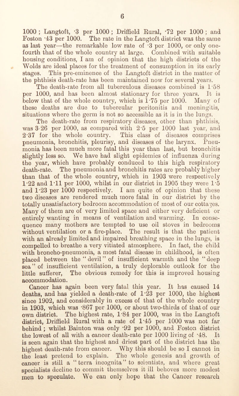 1000 ; Langtoft, *3 per 1000 ; Driffield Rural, *72 per 1000 ; and Foston ’43 per 1000. The rate in the Langtoft district was the same as last year—the remarkable low rate of ’3 per 1000, or only one- fourth that of the whole country at large. Combined with suitable housing conditions, I am of opinion that the high districts of the Wolds are ideal places for the treatment of consumption in its early stages. This pre-eminence of the Langtoft district in the matter of the phthisis death-rate has been maintained now for several years. The death-rate from all tuberculous diseases combined is L58 per 1000, and has been almost stationary for three years. It is below that of the whole country, which is L75 per 1000. Many of these deaths are due to tubercular peritonitis and meningitis, situations where the germ is not so accessible as it is in the lungs. The death-rate from respiratory diseases, other than phthisis, was 3-26 per 1000, as compared with 2-5 per 1000 last year, and 2’37 for the whole country. This class of diseases comprises pneumonia, bronchitis, pleurisy, and diseases of the larynx. Pneu- monia has been much more fatal this year than last, but bronchitis slightly less so. We have had slight epidemics of influenza during the year, which have probably conduced to this high respiratory death-rate. The pneumonia and bronchitis rates are probably higher than that of the whole country, which in 1903 were respectively 1*22 and I'll per 1000, whilst in our district in 1905 they were 1*5 and 1*23 per 1000 respectively. I am quite of opinion that these two diseases are rendered much more fatal in our district by the totally unsatisfactory bedroom accommodation of most of our cottages. Many of them are of very limited space and either very deficient or entirely wanting in means of ventilation and warming. In conse- quence many mothers are tempted to use oil stoves in bedrooms without ventilation or a fire-place. The result is that the patient with an already limited and impaired breathing space in the lungs, is compelled to breathe a very vitiated atmosphere. In fact, the child with broncho-pneumonia, a most fatal disease in childhood, is often placed between the “ devil ” of insufficient warmth and the “deep sea” of insufficient ventilation, a truly deplorable outlook for the little sufferer, The obvious remedy for this is improved housing accommodation. Cancer has again been very fatal this year. It has caused 14 deaths, and has yielded a death-rate of 1’23 per 1000, the highest since 1902, and considerably in excess of that of the whole country in 1903, which was ’867 per 1000, or about two-thirds of that of our own district. The highest rate, 1’84 per 1000, was in the Langtoft district, Driffield Rural with a rate of 1’45 per 1000 was not far behind ; whilst Bainton was only *92 per 1000, and Foston district the lowest of all with a cancer death-rate per 1000 living of ’48. It is seen again that the highest and driest part of the district has the highest death-rate from cancer. Why this should be so I cannot in the least pretend to explain. The whole genesis and growth of cancer is still a “terra incognita” to scientists, and where great specialists decline to commit themselves it ill behoves more modest men to speculate. We can only hope that the Cancer research