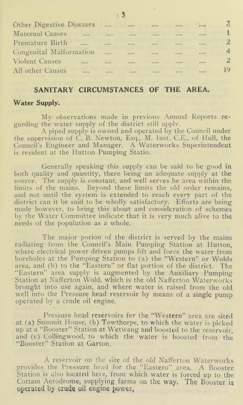 Other Digestive Diseases .... .... .... .... .... Maternal Causes .... .... .... .... .... .... 1 Premature Birth .... .... .... .... .... .... 2 Congenital Malformation .... .... .... .... .... 4 Violent Causes .... .... .... .... .... .... 2 All other Causes .... .... .... .... .... .... SANITARY CIRCUMSTANCES OF THE AREA. Water Supply. My observations made in previous Annual Reports re- garding the water supply of the district still apply. A piped supply is owned and operated by the Council under the supervision of C. B. Newton, Esq., M. Inst. C.E., of Hull, the Council’s Engineer and Manager. A Waterworks Superintendent is resident at the Hutton Pumping Statio. Generally speaking this supply can be said to be good in both quality and quantity, there being an adequate supply at the source. The supply is constant, and well serves he area within the limits of the mains. Beyond these limits the old order remains, and not until the system is extended to reach every part of the district can it be said to be wholly satisfactory. Efforts are being made however, to bring this about and consideration of schemes by the Water Committee indicate that it is very much alive to the needs of the population as a whole. The major porion of the district is served by the mains radiating from the Council’s Main Pumping Station at Hutton, where electrical power driven pumps lift and force the water from boreholes at the Pumping Station to (a) the “Western” or Wolds area, and (b) to the “Eastern” or flat portion of the district. The “Eastern” area supply is augmented by the Auxiliary Pumping Station at Nafferton Wold, which is the old Nafferton Waterworks brought into use again, and where water is raised from the old well into the Pressure head reservoir by means of a single pump operated by a crude oil engine. Pressure head reservoirs for the “Western” area are sited at (a) Summit House, (b) Towthorpe, to which the water is picked up at a “Booster” Station at Wetwang and boosted to the reservoir, and (c) Collingwood, to which the water is boosted from the “Booster” Station at Garton. A reservoir on the site of the old Nafferton Waterworks provides the Pressure head for the “Eastern” area. A Booster Station is also located here, from which water is forced up to the Cottam Aerodrome, supplying farms on the way. The Booster is operated by crude oil engine power.