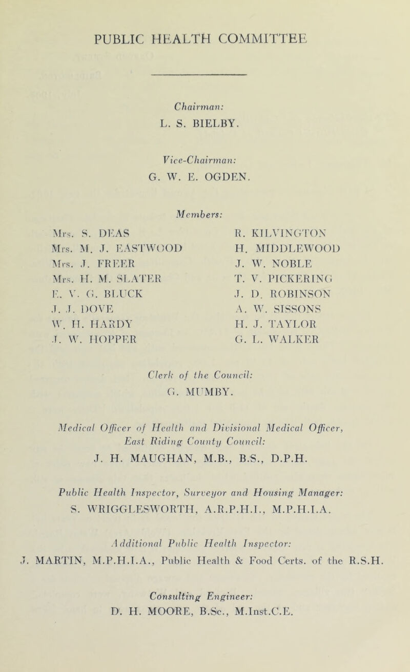 PUBLIC HEALTH COMMITTEE Chairman: L. S. BIELBY. Vice-Chairman: G. W. E. OGDEN. Members: M rs. S. DP ;as Mi rs. M. J. EASTWOOD M rs. J. FR EER M rs. II. M. SLATER E. V . G . B1 LUCK J. .1. DOVE W. II. HARDY .1. W. HOPPER R. KILVINGTON H. MIDDLEWOOD J. W. NOBLE T. V. PICKERING .1. 1). ROBINSON A. W. SISSONS H. J. TAYLOR G. L. WALKER Clerli of the Council: G. MLMBY. Medical Officer of Health and Divisional Medical Officer, East Hiding County Council: J. H. MAUGHAN, M.B., B.S., D.P.H. Public Health Inspector, Surveyor and Housing Manager: S. WRIGGLES WORTH, A.R.P.H.I., M.P.H.I.A. Additional Public Health Inspector: MARTIN, M.P.H.I.A., Public Health & Food Certs, of the R.S.H. Consulting Engineer: D. H. MOORE, B.Sc., M.Inst.C.E.