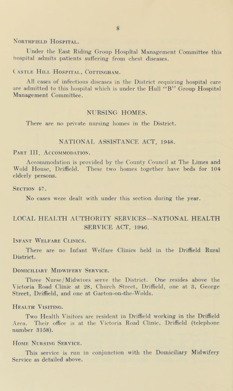 Northfieli) Hospital. Lender the East Ridinifi Group Hospital Management Committee this liospital a<lmits patients suffering from chest diseases. ( ASTLE Hill Hospital, Cottingham. All cases of infectious diseases in the District I’ciiuiring hospital care are admitted to this hospital which is under the Hull “B” Group Hospital Management Committee. NURSING HOMES. There are no private nursing homes in the District. NATIONAL ASSISTANCE ACT, 1948. Part HI. Accommodation. Accommodation is provided by the C'ounty Council at The Limes and Wold House, Driffield. These two homes together have beds for 104 elderly persons. Section 47. No cases were dealt with under this section during the year. LOCAL HEALTH AUTHORITY SiERVICES—NATIONAL HEALTH SERVICE ACT, 1946. Infant Welfare Clinics. There are no Infant Welfare Clinics held in the Driffield Rural District. Domiciliary Midwifery Service. Th ree Nurse/Mid wives serve the District. One resides above the Victoria Road Clinic ait 28, Church Street, Driffield, one at 8, George Street, Driffield, and one at Garton-on-the-VV’olds. Health Visiting. Two Health Visitors are resident in Driffield working in the Driffield Area. Their office is at the V^ictoria Road Clinic. Driffield (telephone number .3158). Home Nursing Service. This service is run in conjunction with the Domiciliar.v Midwifery Service as detailed above.