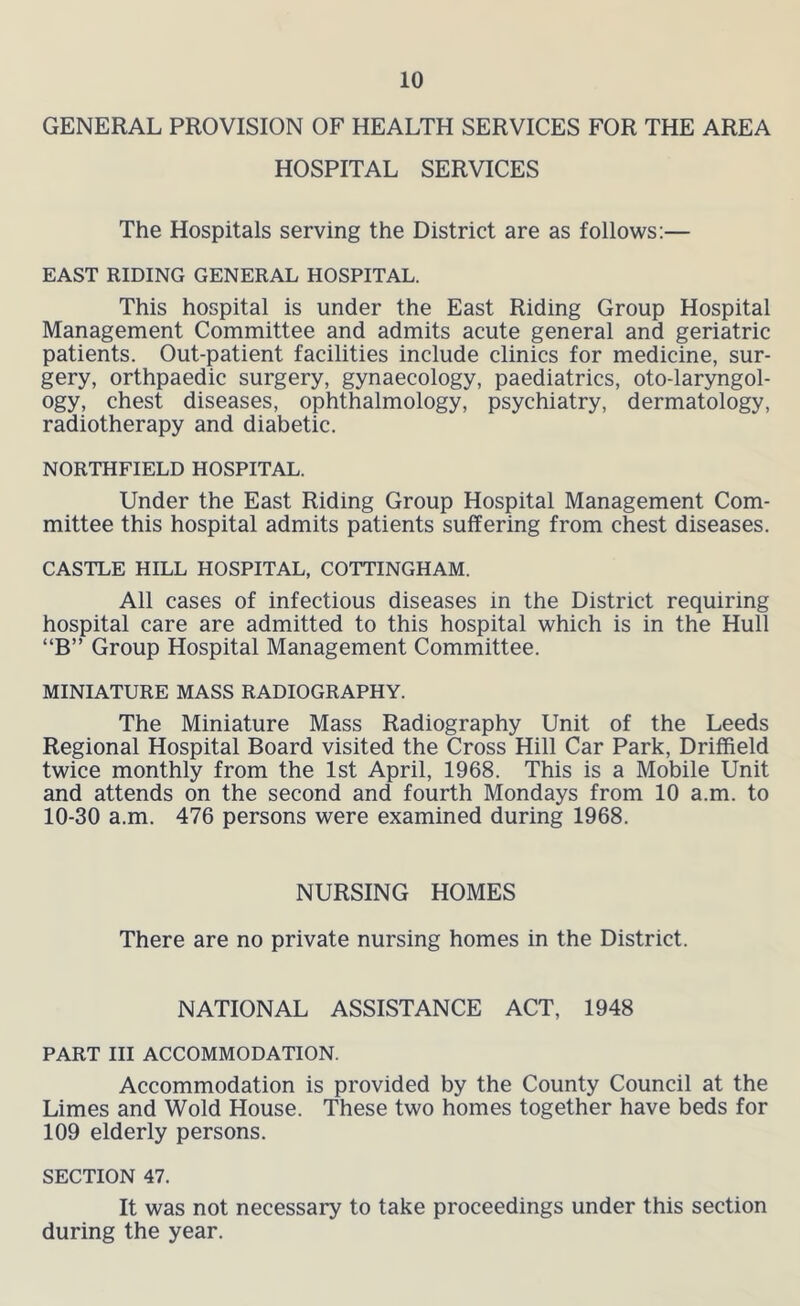 GENERAL PROVISION OF HEALTH SERVICES FOR THE AREA HOSPITAL SERVICES The Hospitals serving the District are as follows:— EAST RIDING GENERAL HOSPITAL. This hospital is under the East Riding Group Hospital Management Committee and admits acute general and geriatric patients. Out-patient facilities include clinics for medicine, sur- gery, orthpaedic surgery, gynaecology, paediatrics, oto-laryngol- ogy, chest diseases, ophthalmology, psychiatry, dermatology, radiotherapy and diabetic. NORTHFIELD HOSPITAL. Under the East Riding Group Hospital Management Com- mittee this hospital admits patients suffering from chest diseases. CASTLE HILL HOSPITAL, COTTINGHAM. All cases of infectious diseases in the District requiring hospital care are admitted to this hospital which is in the Hull “B” Group Hospital Management Committee. MINIATURE MASS RADIOGRAPHY. The Miniature Mass Radiography Unit of the Leeds Regional Hospital Board visited the Cross Hill Car Park, Driffield twice monthly from the 1st April, 1968. This is a Mobile Unit and attends on the second and fourth Mondays from 10 a.m. to 10-30 a.m. 476 persons were examined during 1968. NURSING HOMES There are no private nursing homes in the District. NATIONAL ASSISTANCE ACT, 1948 PART III ACCOMMODATION. Accommodation is provided by the County Council at the Limes and Wold House. These two homes together have beds for 109 elderly persons. SECTION 47. It was not necessary to take proceedings under this section during the year.