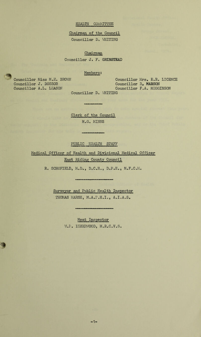 HEALTH COMMITTEE Chairman of the Council Councillor D. WHITING Chairman Councillor J. F. GRINSTEAD Councillor Councillor Councillor Miss M.E. BROWN J. DOSSOR A.L. LEASON Members: Councillor Mrs. E.R. LICENCE Councillor R. MARSON Councillor F.A. MEGGINSON Councillor D. WHITING Clerk of the Council M.G. MINNS PUBLIC HEALTH STAFF Medical Officer of Health and Divisional Medical Officer East Riding County Council R. SCHOFIELD, M.D., D.C.H., D.P.H., M.F.C.M. Surveyor and Public Health Inspector THOMAS MARSH, M.A.P.H.I., A.I.A.S. * Meat Inspector W.P. ISHERWOOD, M.R.C.V.S