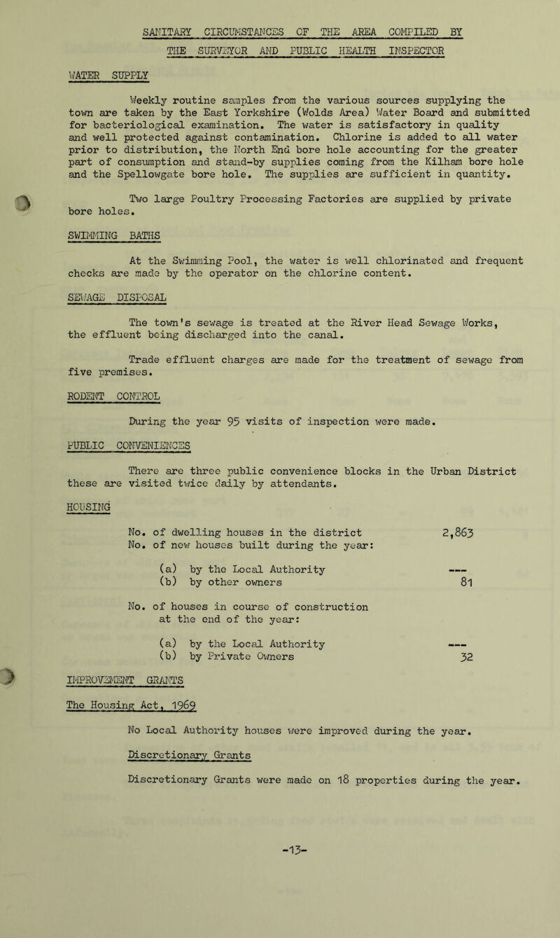 SANITARY CIRCUMSTANCES OF THE AREA COMPILED BY THE SURVEYOR AND PUBLIC HEALTH INSPECTOR WATER SUPPLY Weekly routine samples from the various sources supplying the town are taken by the East Yorkshire (Wolds Area) Water Board and submitted for bacteriological examination. The water is satisfactory in quality and well protected against contamination. Chlorine is added to all water prior to distribution, the North End bore hole accounting for the greater part of consumption and stand-by supplies coming from the Kilham bore hole and the Spellowgate bore hole. The supplies are sufficient in quantity. Two large Poultry Processing Factories are supplied by private bore holes. SWIMMING BATHS At the Swimming Pool, the water is well chlorinated and frequent checks are made by the operator on the chlorine content. SEWAGE DISPOSAL The town's sewage is treated at the River Head Sewage Works, the effluent being discharged into the canal. Trade effluent charges are made for the treatment of sewage from five premises. RODENT CONTROL During the year 95 visits of inspection were made. PUBLIC CONVENIENCES There are three public convenience blocks in the Urban District these are visited twice daily by attendants. HOUSING No. of dwelling houses in the district 2,863 No. of new houses built during the year: (a) by the Local Authority (b) by other owners 8l No. of houses in course of construction at the end of the year: (a) by the Local Authority -— (b) by Private Owners 32 IMPROVEMENT GRANTS The Housing Act, 1969 No Local Authority houses were improved during the year. Discretionary Grants Discretionary Grants were made on l8 properties during the year. -13-