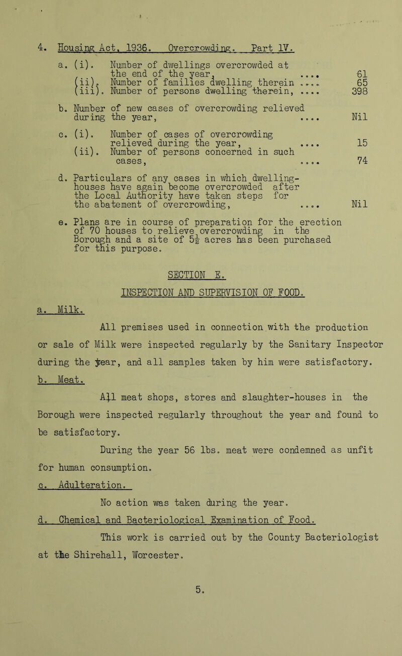 ! 4. Housing Act, 1936. Overcrowding. Part IV. a, (i). Number of dwellings overcrowded at the end of the year. .... 61 (ii) . Number of families dwelling therein .... 65 (iii) . Number of persons dwelling therein, .... 398 bo Number of new cases of overcrowding relieved during the year, .... Nil c. (i). Number of cases of overcrowding relieved during the year, .... 15 (ii). Number of persons concerned in such cases, ooo. 74 d. Particulars of any cases in which dwelling- houses have again become overcrowded after the Local Authority have taken steps for the abatement of overcrowding, ooo. Nil e. Plans are in course of preparation for the erection of 70 houses to relieve overcrowding in the Borough and a site of 5i acres has been purchased for this purposeo a. Milk. SECTION E. INSPECTION AND SUPERVISION 0E FOOD. All premises used in connection with the production or sale of Milk were inspected regularly by the Sanitary Inspector during the jfear, and all samples taken by him were satisfactory. b o Meat. A\1 meat shops, stores and slaughter-houses in the Borough were inspected regularly throughout the year and found to be satisfactory., During the year 56 lbs0 meat were condemned as unfit for human consumption, c. Adulteration, No action was taken during the year, d, Chemical and Bacteriological Examination of Eood. This work is carried out by the County Bacteriologist at the Shirehall, Worcester. 5.