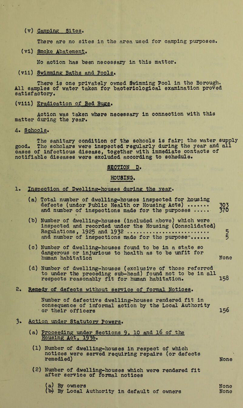 There are no sites In the area used for camping purposes. (vl) Smoke Abatement# No action has been necessary In this matter. (vll) Swimming Baths and Poole. There Is one privately ovmed Swimming Pool in the Borough. All samples of water takon for baoterlologloal examination proved satisfactory. (vlli) Eradication of Bed Bugs. Action was taken whore necessary In connection with this matter during the year. 4* Schools. The sanitary condition of the schools is fair; the water supply good. The scholars were inspected regularly during the year and all cases of infectious disease, together with immediate contacts of notifiable diseases were excluded according to schedule. SECTION D. HOUSINO. !• Inspection of Dwelling-houses during the year. (a) Total number of dwellIn^houses Inspected for housing defects (under Public Health or Housing Acts) ....... 303 and number of Inspections made for the purposes 570 (b) Number of dwelling-houses (Included above) which were Inspected and recorded under the Housing (Consolidated) Regulations, 1925 and 1932 5 and number of Inspections made for the purpose'^...... 5 (0) Number of dwelling-houses found to be In a state so dangerous or Injurious to health as to be unfit for human habitation None (d) Number of dwelling-houses (exclusive of those referred to imder the preceding sub-head) found not to be in all respects reasonably fit for.human habitation. 158 2. Remedy of defects without service of formal Notices. Number of defective dwelling-houses rendered fit in consequence of Informal action by the Local Authority • or their officers 15^ 5* Action lender Statutory Powers* (a) Proceeding under Sections 9. 10 and 16 of the Housing Act, 1936. ' (1) Number of dwelling-houses in respect of which notices were served requiring repairs (or defects remedied) None (2) Number of dwelling-houses which were rendered fit after service of formal notices a) By owners b*) By Local Authority In default of owners None None