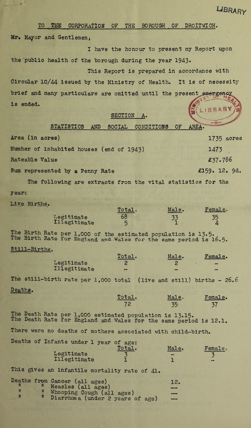 UBRAFtY TO THK OORPORATIOM OF THE B0H0U6H OF DROITWIOH. Mr. Ma^or and G-entlemen, I have the honour to present my Report upon the public health of the borough during the year 1943» This Report is prepared in accordance with Circular 10/44 issued by the Ministry of Health. It is of necessity brief and many particulars are omitted until the present^ is ended. SECTION A. statistics and social conditions of area? Area (in acres) 1735 acres Number of inhabited houses (end of 1943) 1473 Rateable Value £37*736 Sum represented by a. Penny Rate £159* 12* 9^* The following are extracts from the vital statistics for the year: Live. Births. Legitimate Illegitimate Total. 68 5 Male.. 33 1 Female. 35 4 The Birth Rate per 1,000 of the estimated population is 13*5* The Birth Rat© for England and Wales for the same period is l6.5* Still-Births> Total. Male. Female. Legitimate Illegitimate The still-birth rate per 1,000 total (live and still) births - 26.6 Deaths. Male. Female. 37 Total. 72 35 The Death Rate per 1,000 estimated population is I3.I5. The Death Rate for England and Wales for the same period is 12,1. There were no deaths of mothers associated with child-birth. Deaths of Infants under 1 year of age: Total. Male. Legitimate 3 - Illegitimate 1 1 This gives an infantile mortality rate of 41. Deaths from Cancer (all ages) 12. ” ” Measles (all ages) —  Whooping Cough (all ages) — Female,