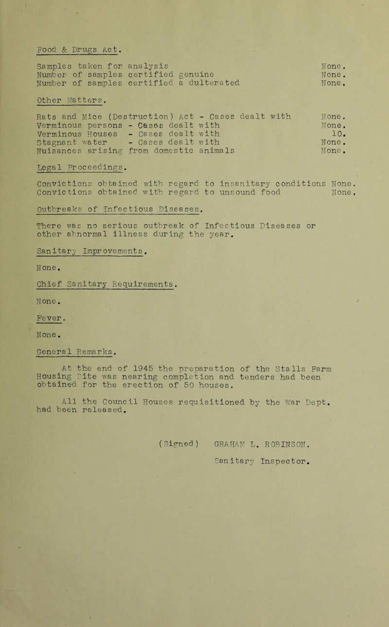 Food & Drugs Act. Samples taken for analysis None. Number of samples certified genuine None. Number of samples certified a dulterated None. Other Matters. Rats and Mice (Destruction) Act - Cases dealt with N one. Verminous persons - Casos dealt with None. Verminous Houses - Cases dealt with 10. Stagnant water - Cases dealt V/ ith None, Nuisances arising from domestic animaIs None, Legal Proceedings, Convictions obtained with regard to insanitary conditions None Convictions obtained with regard to unsound food None Outbreaks of Infe_ctious Diseases. There was no serious outbreak of Infectious Diseases or other abnormal illness during the year. Sanitary Improvements. None. Chief Sanitary Requirements. None. Fever. None. General Remarks, At the end of 1945 the preparation of the Stalls Farm Housing Cite was nearing completion and tenders had been obtained for the erection of 50 houses. All the Council Houses requisitioned by the Vlhr Dept, had been released. (Signed) GRAHAM L. ROBINSON. Sanitary Inspector.
