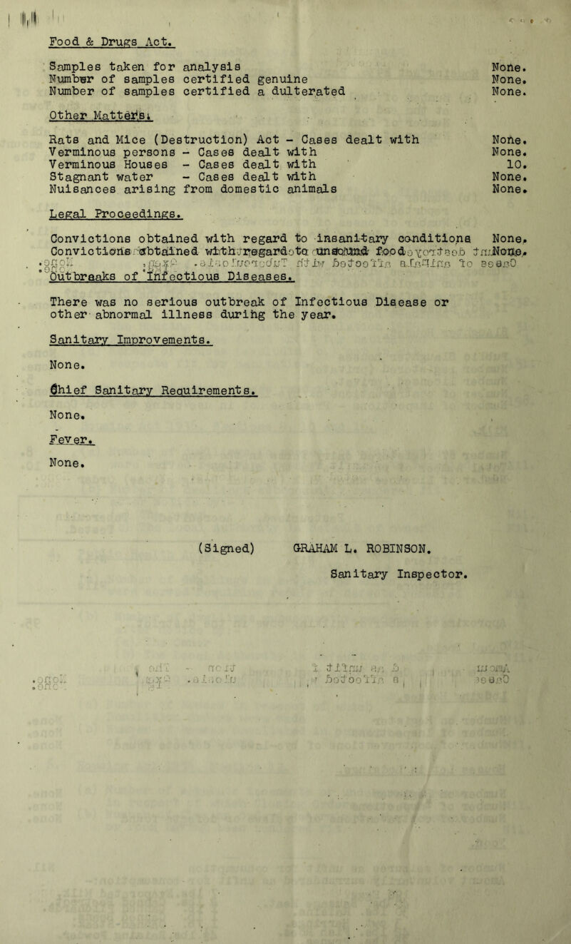 Food & Drugs Act Sajuples taken for analysis Number of samples certified genuine Number of samples certified a dulterated Other Mattei^b; . ■ - ■ Rats and Mice (Destruction) Act - Cases dealt with Verminous persons - Cases dealt with Verminous Houses - Cases dealt with Stagnant water - Cases dealt with Nuisances arising from domestic animals Legal Proceedings* Convictions obtained with regard to insanitary co-nditiona Convicti0ne:'-''(arbtained wlthu-iregardota runao/md' fiObdoYOT:^sob • onoT/: * a x'iO Irjoa-jd'jL.rT hd-lw boioo'i’ir. B..rr.mn.c lo Outbreaks of *Ihfe'otious Diseases# There was no serious outbreak of Infectious Disease or other abnormal illness durihg the year* Sanitary Improvements, None. 6hlef Sanitary Requirements. None. ■Fever. None. (Signed) CRilHAM L. ROBINSON. Sanitary Inspector. ^ oh;. '■ ff' lU onol 'iJ ore . ■ d’j.lrijj ri,-. ■:> boibo ii c, B . None. None. None. None. None. 10. None. None* None. n;iIO]3,e^ BGej30 vj