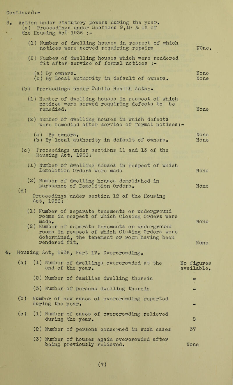 3, Action under Statutory powers during the year, (a) Proceedings under Sections 9,10 & 16 of the housing Act 1936 (1) Number of dwelling houses in respect of which notices were served requiring repairs NOne, (2) Nuxmber of dwelling houses which were rendered fit after service of formal notices (a) By owners. None (b) By Local Authority in default of owners. None (b) Proceedings under Public Health Acts;- (1) Number of dwelling houses in respect of which notices were served requiring defects to be remedied. None (2) Number of dwelling houses in which defects were remedied after service of formal notices (a) By owners. None (b ) By local authority in default of owners. None (c) Proceedings under sections 11 and 13 of the Housing Act, 1936; (1) Number of dwelling houses in respect of which Lemolition Orders were made None (2) Number of dwelling houses demolished in pursuance of Demolition Orders, None a) Proceedings under section 12 of the Housing Act, 1936; 4, (1) Number of separate tenements or underground rooms in respect of which Closing Orders were made. None (2) Number of separate tenements or underground rooms in respect of which Closing Orders were determined, the tenement or room having been rendered fit. None Housing Act, 1936, Part iV, Overcrowding, (a) (1) Number of dwellings overcrowded at the end of the year, (2) Number of families dwelling therein (3) Number of persons dwelling therein (b) NTJumber of now cases of overcrowding reported during the year, (c) (1) Number of cases of overcrowding relieved during the year, (2) Number of persons concerned in such cases (3) Number of houses again overcrowded after being previously relieved. No figures available. 8 37 None (7)