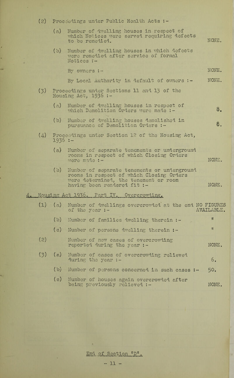 (2) Proceedings under Public Health Acts (a) Number of dwelling houses in respect of which Notices were served requiring defects to be remedied. NONE. (b) Number of dwelling houses in which defects were remedied after service of formal Notices By owners NONE. By Local Authority in default of owners NONE. (3) Proceedings under Sections 11 and 13 of the Housing Act, 193^ (a) Number of dwelling houses in respect of which Demolition Orders were made 8. (t>) Number of dwelling houses demolished in pursuance of Demolition Orders 8. (4) Proceedings under Section 12 of the Housing Act, 1936 (a) Number of separate tenements or underground rooms in respect of which Closing Orders were made : - NONE. (b) Number of separate tenements or underground rooms in respect of which Closing Orders were determined, the tenement or room having been rendered fit NONE. Housing Act 1936. Part IV. Overcrowding, (l) (a) Number of dwellings overcrowded at the end NO FIGURES of the year AVAILABLE. (b) Number of families dwelling therein _ n (c) Number of persons dwelling therein 1! (2) Number of new cases of overcrowding reported during the year NONE. (3) (a) Number of cases of overcrowding relieved during the year 6. (b) Number of persons concerned in such cases (c) Number of houses again overcrowded after being previously relieved NONE. End of Section |;D11 . 11