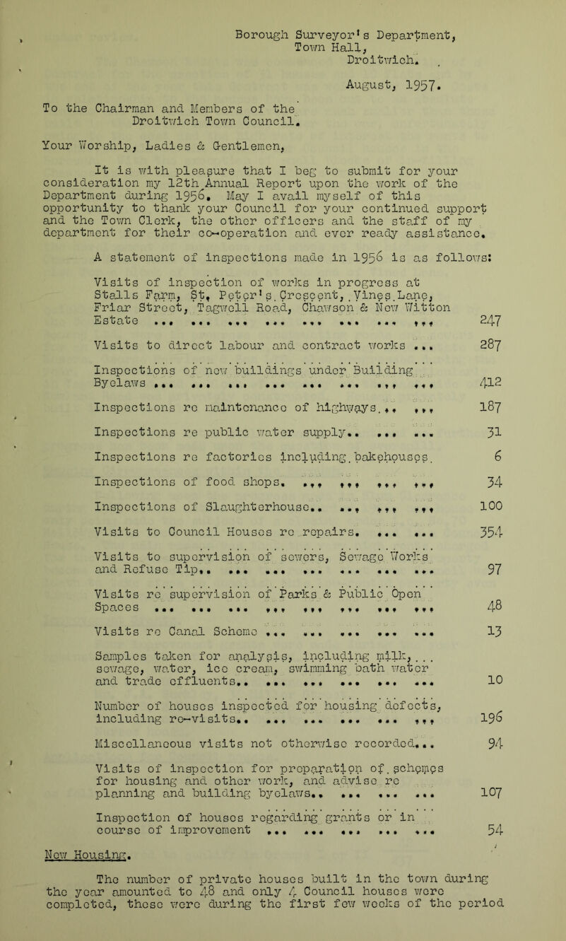Borough Surveyors Department, Town Hall, Droitwich. August, 1957* To the Chairman and Members of the Droitwich Town Council. Your Worship, Ladies & Gentlemen, It is with pleasure that I beg to submit for your consideration my 12th Annual Report upon the work of the Department during 195^* May 1 avail myself of this opportunity to thank your Council for your continued support and the Town Clerk, the other officers and the staff of my department for their co-operation and ever ready assistance* A statement of inspections made in 195^ is as follows: Visits of inspection of works in progress at Stalls Farm, St, Peter1s.Crescent,tVines.Lane, Friar Street, Tagweii Road, Chawson & New Witton Estate ••• ••• •«» •*• •,. * * * 247 Visits to direct labour and contract works ... 287 Inspections of new buildings under Building Byelaws , ... *.* ... .,. ... ,t# **, 412 Inspections re maintenance of highways.** * * * 187 Inspections re public water supply 33- Inspections re factories including.bakehouses. 6 Inspections of food shops, , ** * * * ,** *,* 34 Inspections of Slaughterhouse.* .•, * * * 100 Visits to Council Houses re repairs. 354 Visits to supervision of sewers, Sewage Works and Refuse Tip*. ... ... ... ... ... 97 Visits re supervision of Parks & Public Open Spaces ... ... ... ,*, ,** ... , ... 4^ Visits re Canal Scheme ... ... ... 13 Samples taken for analysis, including milk,... sewage, water, ice cream, swimming bath water and trade effluents.. ... ... * 10 Number of houses inspected for housing defects, including re-visits., ... IS 6 Miscellaneous visits not otherwise recorded... 94 Visits of inspection for preparation of.schpmps for housing and other work, and advise re planning and building byelaws.. 107 Inspection of houses regarding grants or in course of improvement ... ... ... 54 i New Housing. The number of private houses built in the town during the year amounted to and only 4 Council houses wore completed, these were during the first few weeks of the period