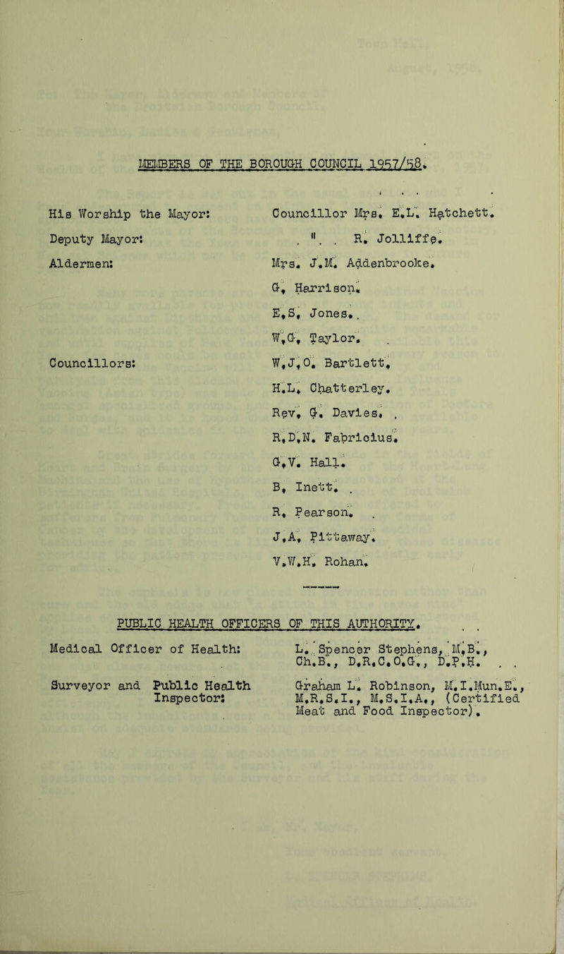 immms of the borough oouncil iqs7/s8> His Worship the Mayor; Deputy Mayor: Aldermen; Councillors; Councillor Mrs, E,L. Hatchett* . . R. Jolllffe* Mrs* J,M* Addenbrooke, G, Harrison, E,S, Jones,. W ,G- , Taylor* W,J,0'. Bartlett, H, L, Chatterley* Rev, C, Davies* . R,D,N, Fabriolus, a,V. Hall, B, Inett* R, Pearson* J,A, Pittaway, V»V/,H, Rohan, PUBLIC HEALTH OFFICERS OF THIS AUTHORITY Medical Officer of Health; Surveyor and Public Health Inspector: L, Spencer Stephens, M^B^, Ch,B;, D,R,C,0,G-;, D,P.15. . . G-raham L, Robinson, M*I,Mun,E, M, R,S*I,, M,S,I,A,, (Certified Meat and Food Inspector),