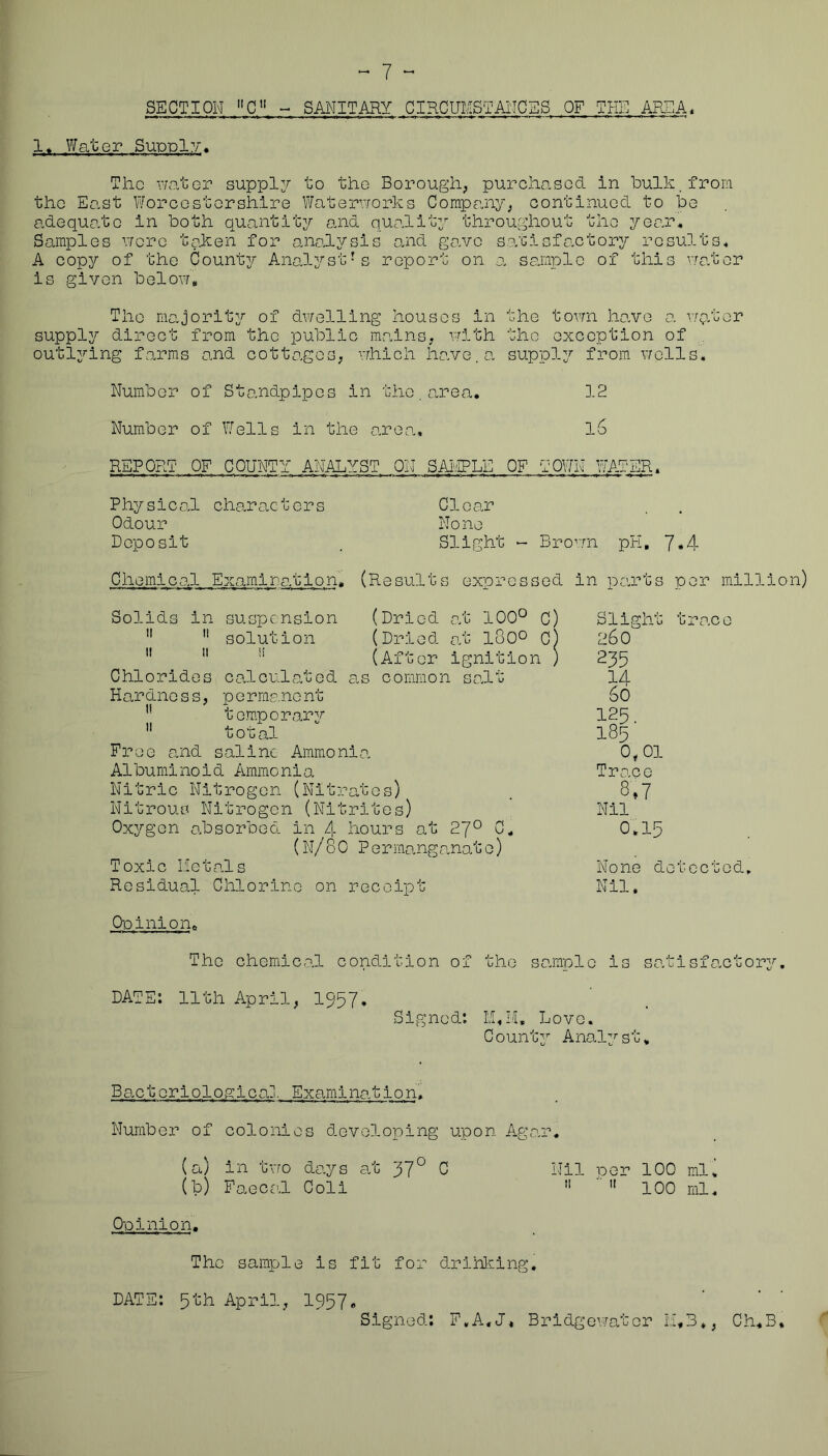 SECTION C - SANITARY CIRCUNSTANCSS OF THE AREA^ Water Suppl?/'. The water supply/ to the Borough, purchased in hulk, from the Eo.st Worcestershire Waterworks Company, continued to he adequate in both quantity and quality throughout the year* Samples were teheii for analysis and gave satisfactory results* A cop3/' of the County Anal3''st-s report on a seiaplc of this yfoXov is given helow„ The majority of dv/elling houses in the town have a wqtor suppl3^ direct from the public mains, with the exception of ,, outlying farms and cottages, vrhich have, a supply from wells* Number of Standpipes in the.area. Number of Wells in the aroca. 12 l6 REPORT OF COUNTY ANALYST ON SAIvlPLE OF TOWN WATER. Physical characters Clear Odour None Deposit Slight “ Brown pH, C he mic al Examination. (R e sult s exp res sed in parts Solids in suspension (Dried at 100° C) Slight ” ” solution (Dried at l80O c) 260 II II li (After ignition ) 235 Chlorides calculated as common salt Hardness, perrAvsnent 60 ” temporary/ ” total 185 Free and saline Ammonia 0,01 Albuminoid Ammonia Trace Nitric Nitrogen (Nitr 'ates) 8.7 Nitrous Nitrogen (Nit rites) Nil Oxygen o-bsorbeo. in 4 hours at 27° C, 0*15 (N/8C ) Permanganate) Toxic I.ietals None d Residual Chlorine on receipt Nil. Op ini on. The chemical condition of the sa-mplc is satisfactory^, DATE: 11th April, 1957* Signed: M,Ia, Love. County’’ Anal'^st, Bactoriologlca]. Examination* Number of colonies developing upon Agar, (a) in tvro da.ys a/c 37*^ C Nil per 100 ml, (b) Faece,l Coli ”   100 ml* Opinion. The sample is fit for drihliing* DATE: 5th April, 1957. Signed; E.A.J* Bridgewater i:I,3*, Ch,B,