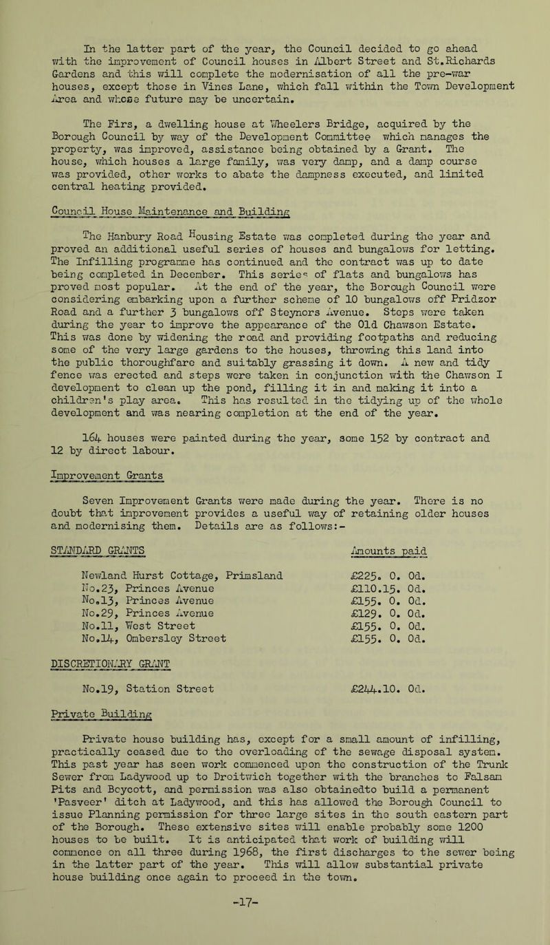 In the latter part of the year, the Council decided to go ahead with the improvement of Council houses in Albert Street and St.Richards Gardens and this will complete the modernisation of all the pre-war houses, except those in Vines Lane, which fall within the Town Development Area and whose future may be uncertain. The Firs, a dwelling house at Wheelers Bridge, acquired by the Borough Council by way of the Development Committee which manages the property, was improved, assistance being obtained by a Grant. The house, which houses a large family, was very damp, and a damp course was provided, other works to abate the dampness executed, and limited central heating provided. Council House Maintenance and Building The Hanbury Road housing Estate was completed during the year and proved an additional useful series of houses and bungalows for letting. The Infilling programme has continued and the contract was up to date being completed in December. This series of flats and bungalows has proved most popular. At the end of the year, the Borough Council were considering embarking upon a further scheme of 10 bungalows off Pridzor Road and a further 3 bungalows off Steynors Avenue. Steps were taken during the year to improve the appearance of the Old Chawson Estate. This was done by widening the road and providing footpaths and reducing some of the very large gardens to the houses, throwing this land into the public thoroughfare and suitably grassing it down. A new and tidy fence was erected and steps were taken in conjunction with the Chawson I development to clean up the pond, filling it in and making it into a children's play area. This has resulted, in the tidying up of the whole development and was nearing completion at the end of the year. I64 houses were painted during the year, some 152 by contract and 12 by direct labour. Improvement Grants Seven Improvement Grants were made during the year. There is no doubt that improvement provides a useful way of retaining older houses and modernising them. Details are as follows STANDARD GRANTS Amounts paid Newland Hurst Cottage, Primsland £225* 0. Od. No.23, Princes Avenue £110.15. 0d. N0o13, Princes Avenue £155. 0. Od. No.29, Princes Avenue £129. 0. Od. No.11, West Street £155. 0. 0d. No.14, Ombersley Street £155. 0. Od. DISCRETIONARY GRANT No.19, Station Street £244.10. Od. Private house building has, except for a small amount of infilling, practically ceased due to the overloading of the sewage disposal system. This past year has seen work commenced upon the construction of the Trunk Sewer from Ladywood up to Droitwich together with the branches to Falsam Pits and Boycott, and permission was also obtainedto build a permanent 'Pasveer' ditch at Ladywood, and this has allowed the Borough Council to issue Planning permission for three large sites in the south eastern part of the Borough. These extensive sites will enable probably some 1200 houses to be built. It is anticipated that work of building will commence on all three during 1968, the first discharges to the sewer being in the latter part of the year. This will allow substantial private house building once again to proceed in the town. -17-
