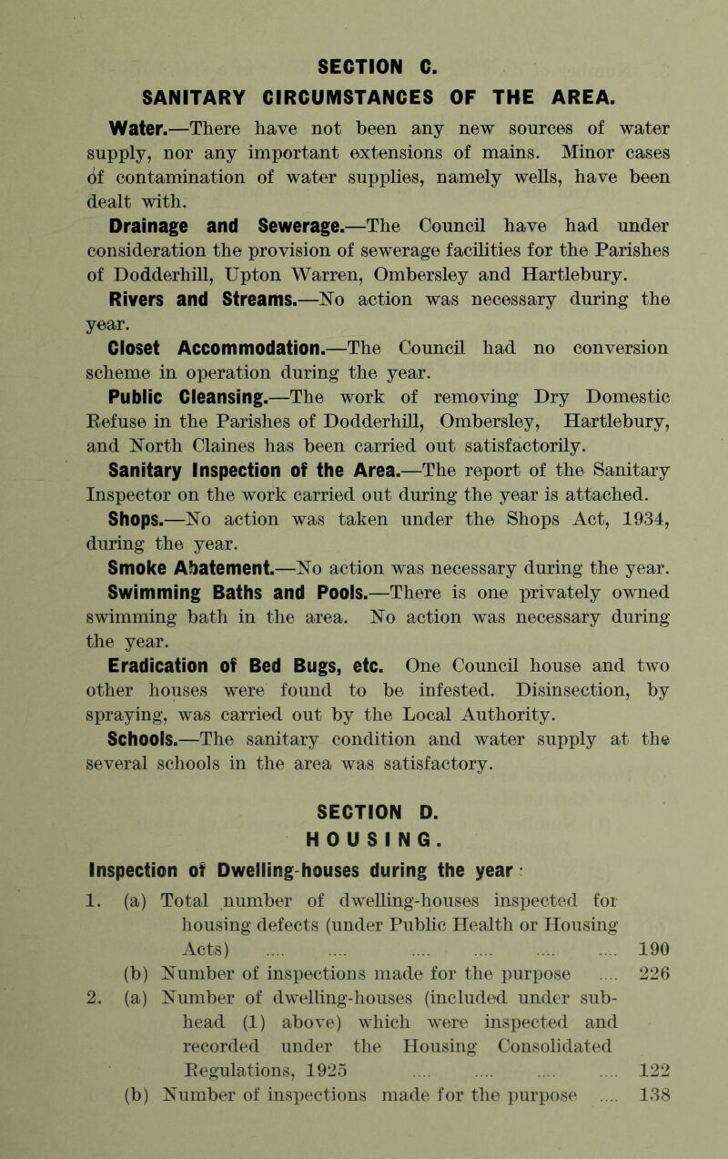 SANITARY CIRCUMSTANCES OF THE AREA. Water.—There have not been any new sources of water supply, nor any important extensions of mains. Minor cases bf contamination of water supplies, namely wells, have been dealt with. Drainage and Sewerage.—The Council have had under consideration the provision of sewerage facilities for the Parishes of Dodderhill, Upton Warren, Ombersley and Hartlebury. Rivers and Streams.—No action was necessary during the year. Closet Accommodation.—The Council had no conversion scheme in operation during the year. Public Cleansing.—The work of removing Dry Domestic Eefuse in the Parishes of Dodderhill, Ombersley, Hartlebury, and North Claines has been carried out satisfactorily. Sanitary Inspection of the Area.—The report of the Sanitary Inspector on the work carried out during the year is attached. Shops.—No action was taken under the Shops Act, 1934, during the year. Smoke Abatement.—No action was necessary during the year. Swimming Baths and Pools.—There is one privately owned swimming bath in the area. No action was necessary during the year. Eradication of Bed Bugs, etc. One Council house and two other houses were found to be infested. Disinsection, by spraying, was carried out by the Local Authority. Schools.—The sanitary condition and water supply at the several schools in the area was satisfactory. SECTION D. HOUSING. Inspection of Dwelling houses during the year: 1. (a) Total number of dwelling-houses inspected for housing defects (under Public Health or Housing Acts) 190 (b) Number of inspections made for the purpose .... 226 2. (a) Number of dwelling-houses (included under sub- head (1) above) which were inspected and recorded under the Housing Consolidated Eegulations, 1925 122 (b) Number of inspections made for the purpose .... 138