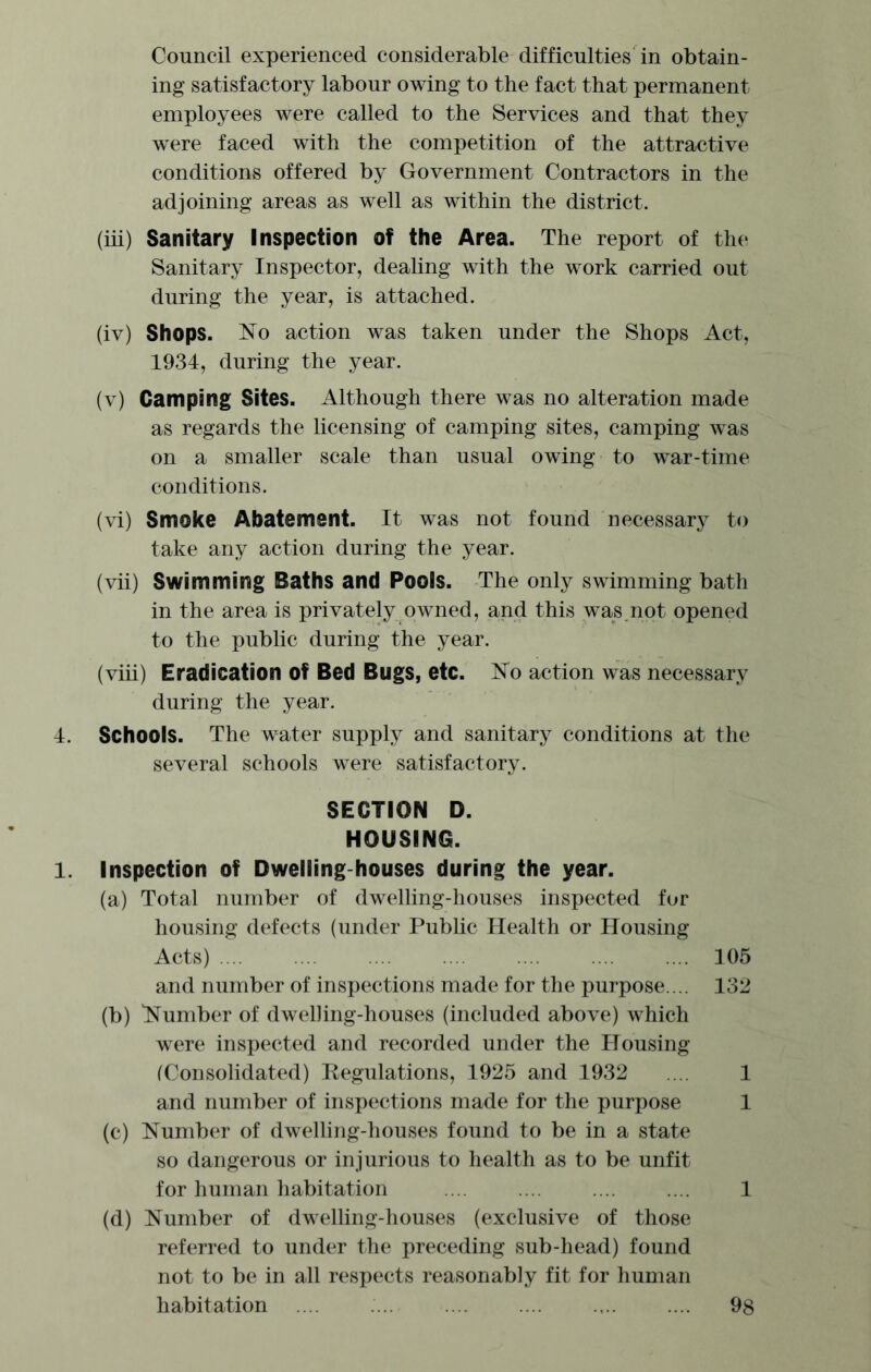 ing satisfactory labour owing to the fact that permanent employees were called to the Services and that they were faced with the competition of the attractive conditions offered by Government Contractors in the adjoining areas as well as within the district. (iii) Sanitary Inspection of the Area. The report of the Sanitary Inspector, dealing with the work carried out during the year, is attached. (iv) Shops. No action was taken under the Shops Act, 1934, during the year. (v) Camping Sites. Although there was no alteration made as regards the licensing of camping sites, camping was on a smaller scale than usual owing to war-time conditions. (vi) Smoke Abatement. It was not found necessary to take any action during the year. (vii) Swimming Baths and Poois. The only swimming bath in the area is privately owned, and this was.not opened to the public during the year. (viii) Eradication of Bed Bugs, etc. No action was necessary during the year. 4. Schools. The water supply and sanitary conditions at the several schools were satisfactory. SECTION D. HOUSING. 1. Inspection of Dwelling-houses during the year. (a) Total number of dwelling-houses inspected for housing defects (under Public Health or Housing Acts) 105 and number of inspections made for the purpose.... 132 (b) Number of dwelling-houses (included above) which were inspected and recorded under the Housing (Consolidated) Regulations, 1925 and 1932 .... 1 and number of inspections made for the purpose 1 (c) Number of dwelling-houses found to be in a state so dangerous or injurious to health as to be unfit for human habitation .... .... .... .... 1 (d) Number of dwelling-houses (exclusive of those referred to under the preceding sub-head) found not to be in all respects reasonably fit for human habitation .... ... .... .... .... 98