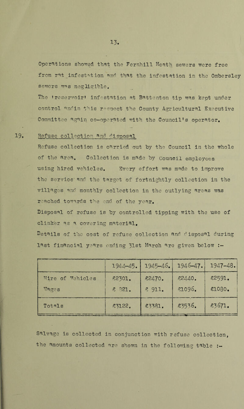 Oper^.tions shoiTed that the Fernhill Heath sewers were free from rat _infest‘■-'t ion and that the infestation in the Ombersley sewers w^^s negli2:ible. The t reservoir* infestation at Battenton tip was kept under control anr^in this r^'^suect the County Agricultural Executive Committee again co-operated with the Council's opera.tor. Refuse collection and dis-posal Refuse collection is carried out by the Council in the whole of the area. Collection is made by Council employees using hired vehicles. Every effort was made to improve the service and the target of fortnightly collection in the vill-a.gGS a.nd monthly collection in the outlying areas vias reached towards the end of the year. Disposal of refuse is by controlled tipping with the use of clinker as a covering material, Details of the cost of refuse collection and disposal during last financial years ending 31st March are given below ” ■■■—, ,1. 1944-45. 1945-46. 1946-47. 1947-48. Hire of ’’’ehicles ^.2301. €2470. -£2440. -^2591, Hage s --e -321. 911. £1096. £1080, 1 i Tot als -•£3122. €5581. €3536. i £3671. Salvage is collected in conjunction with refuse collection, the amounts collected are shown in the following' table