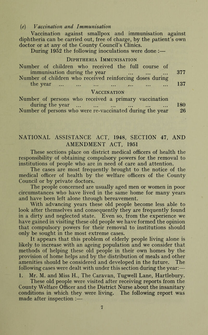 (e) Vaccination and Immunisation Vaccination against smallpox and immunisation against diphtheria can be carried out, free of charge, by the patient’s own doctor or at any of the County Council's Clinics. During 1952 the following inoculations were done :— Diphtheria Immunisation Number of children who received the full course of immunisation during the year ... ... ... 377 Number of children who received reinforcing doses during the year ... ... ... ... „.. ... ... 137 Vaccination Number of persons who received a primary vaccination during the year ... ... ... ... ... ... 180 Number of persons who were re-vaccinated during the year 26 NATIONAL ASSISTANCE ACT, 1948, SECTION 47, AND AMENDMENT ACT, 1951 These sections place on district medical officers of health the responsibility of obtaining compulsory powers for the removal to institutions of people who are in need of care and attention. The cases are most frequently brought to the notice of the medical officer of health by the welfare officers of the County Council or by private doctors. The people concerned are usually aged men or women in poor circumstances who have lived in the same home for many years and have been left alone through bereavement. With advancing years these old people become less able to look after themselves and consequently they are frequently found in a dirty and neglected state. Even so, from the experience we have gained in visiting these old people we have formed the opinion that compulsory powers for their removal to institutions should only be sought in the most extreme cases. It appears that this problem of elderly people living alone is likely to increase with an ageing population and we consider that methods of helping these old people in their own homes by the provision of home helps and by the distribution of meals and other amenities should be considered and developed in the future. The following cases were dealt with under this section during the year:— 1. Mr. M. and Miss H., The Caravan, Tugwell Lane, Hartlebury. These old people were visited after receiving reports from the County Welfare Officer and the District Nurse about the insanitary conditions in which they were living. The following report was made after inspection :—