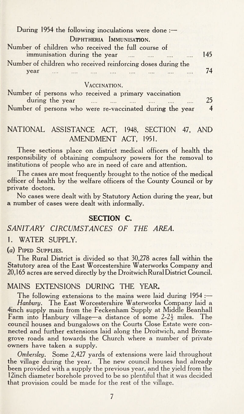 During 1954 the following inoculations were done :— Diphtheria Immunisation. Number of children who received the full course of immunisation during the year .... 145 Number of children who received reinforcing doses during the year .... .... .... .... .... .... .... .... 74 Vaccination. Number of persons who received a primary vaccination during the year .... .... .... .... .... .... 25 Number of persons who were re-vaccinated during the year 4 NATIONAL ASSISTANCE ACT, 1948, SECTION 47, AND AMENDMENT ACT, 1951. These sections place on district medical officers of health the responsibility of obtaining compulsory powers for the removal to institutions of people who are in need of care and attention. The cases are most frequently brought to the notice of the medical officer of health by the welfare officers of the County Council or by private doctors. No cases were dealt with by Statutory Action during the year, but a number of cases were dealt with informally. SECTION C. SANITARY CIRCUMSTANCES OF THE AREA. 1. WATER SUPPLY. (a) Piped Supplies. The Rural District is divided so that 30,278 acres fall within the Statutory area of the East Worcestershire Waterworks Company and 20,165 acres are served directly by the Droitwich RureJ District Council. MAINS EXTENSIONS DURING THE YEAR. The following extensions to the mains were laid during 1954 :— Hanbury. The East Worcestershire Waterworks Company laid a 4inch supply main from the Feckenham Supply at Middle Beanhall Farm into Hanbury village—a distance of some 2-23 miles. The council houses and bungalows on the Courts Close Estate were con- nected and further extensions laid along the Droitwich, and Broms- grove roads and towards the Church where a number of private owners have taken a supply. Ombersley. Some 2,427 yards of extensions were laid throughout the village during the year. The new council houses had already been provided with a supply the previous year, and the yield from the 12inch diameter borehole proved to be so plentiful that it was decided that provision could be made for the rest of the village.