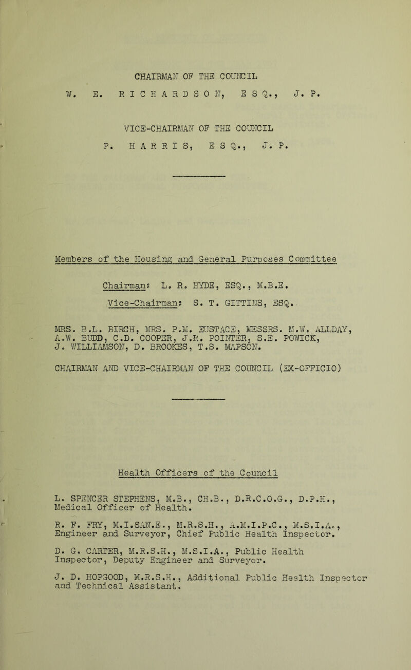 CHAIRMAN OF THE COUNCIL W. E. RICHARDSON, ESQ., J. P. VICE-CHAIRMAN OF THE COUNCIL P. HARRIS, ESQ., J. P. Members of the Housing and General Purposes Committee Chairmans L, R. HYDE, ESQ., M.B.S. Vice-Chairmans S. T. GITTINS, ESQ.. MRS. B.L. BIRCH, MRS. P„M. EUSTACE, MESSRS. M.W. ALLDAY, A.W. BUDD, C.D. COOPER, J.R. POINTER, S.E. POWICK, J. WILLIAMSON, D. BROOKES, T.S. MAPSON. CHAIRMAN AND VICE-CHAIRMAN OF THE COUNCIL (EX-OFFICIO) Health Officers of the Council L. SPENCER STEPHENS, M.B., CH.B., D.R.C.O.G., D.P.H., Medical Officer of Health. R. F. FRY, M.I.SAN.E., M.R.S.H., A.M.I.P.C., M.S.I.A., Engineer and Surveyor, Chief Public Health Inspector. D. G. CARTER, M.R.S.H., M.S.I.A., Public Health Inspector, Deputy Engineer and Surveyor. J. D. HOPGOOD, M.R.S.H., Additional Public Health Inspector and Technical Assistant.