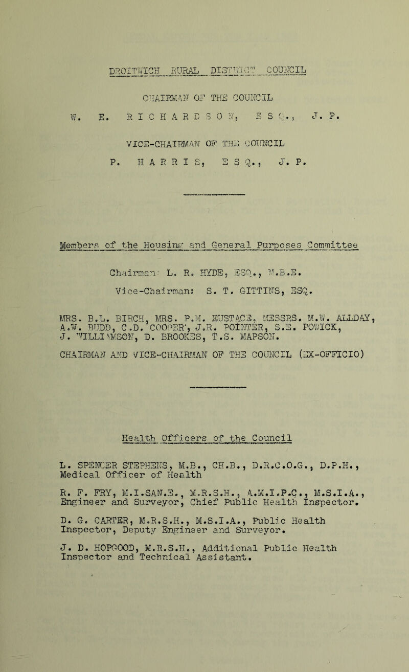 CHAIRMAN OF THE COUNCIL W. E. R I C H A R B 3 0 N, S S Q., J. P. VICE-CHAIRMAN OF THE COUNCIL P. HARRIS, S S Q., J. P. Members of the Housing* and General Purposes Committee Chairman: L. R. HYDE, ESQ., M.B.E. Vice-Chairmans S. T. GITTINS, ESQ, MRS. B.L. BIRCH, MRS. P.M. EUSTACE, MESSRS A.W. BTJDD, C.D. COOPER', J„R. POINTER, S.E. J. UILLITMSON, D. BROOKES, t.S. MAPSON. . M.W. ALLDAY, POWICK, CHAIRMAN AND VICE-CHAIRMAN OF THE COUNCIL (EX-OFFICIO) Health Officers of the Council L. SPENCER STEPHENS, M.B., CH.B., D.R.C.O.G., D.P.H., Medical Officer of Health R. F. FRY, M.I.SAN.E., M.R.S.H., A.M.I.P.C., M.S.I.A., Engineer and Surveyor, Chief Public Health Inspector, D. G. CARTER, M.R.S.H., M.S.I.A., Public Health Inspector, Deputy Engineer and Surveyor, J. D. HOPOOOD, M.R.S.H., Additional Public Health Inspector and Technical Assistant.