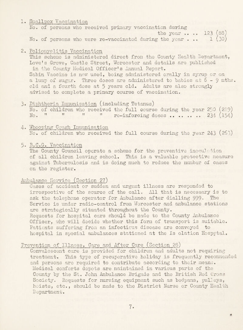 • Smallpox Vaccination No, of persons v/ho received primary Vcacoinaticn during the year ,. ,, No. of persons who v/ere re-vaccina-tod during the year . 123 (88) 1 (30) Poliomyelitis Va-ccination This scheme is administered direct from the County ileal.th Pepartmont, Love’s Grove, Castl.e Street, Worcester and details are published in the County Medical Officer’s Annual Report. Sabin Vaccine is now used, being administered orally in syrux) or on a lump of sugar. Three doses are a-dministered to babies at 6-9 nths. old and a fourth dose at 5 years old. Adults are also strongl;y advised to complete a primary course of va,coination. 3» Piphtheria Immunisation (including Tetanus) No, of children who received the full course during the year No, ” ” ” ” ro-iriforcing doses .. .. . 260 (219) 234 (154) 4 Mao oping Cough Iiimiunisation No. of children who received the full course during the year 243 (263) 5» B. C, G. Vaccin.ation The County Council operate a scheme for the preventive inocuJ o,tion of all children lea^ving school. This is a valuable xJ3:‘ot^c-tive measure against Tuberculosis and is doing much to reduce the number of ca-ses on the register. ihnbulance vService (Section 27) Cases of accident or sudden and urgent illness are responded to irrespective of the source of the call. All that is necessa-ry is to ask the telephone operator for Ambulance after dialling 999« The Service is under radio-control from Worcester and ambulance stations are strategically situated throughout the County. Requests for hospital cars should be made to the County iimbulance Officer, v/ho will decide whether this form of transport is suitable. Patients suffering from an infectictis disea-se are conveyed to hospital in special ambulances stationed at the Is olation Hosx)ptale Prevention of Illness, Care and After Care (Section 28) Convalescent care is provided for children and adults not requiring treatment. This type of recuperative holiday is frequently recommended and persons are required to contribute according to their means. Medical comforts depots are maintained in various parts of the County by the St. John Ambulance Brigade and the British Red Cross Society. Requests for nursing equipment such as bedxjans, pulleys, hoists, etc., should be made to the Pistrict Nurse or County Health Department. 7-