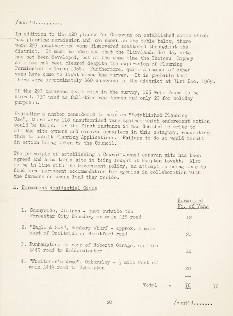 In addition to the 420 places for Caravans on established sites XThich ^had planning permission and are shoim on the table below, there v/ere 293 unauthorised vans discovered scattered throughout the district. It must be admitted that the Glarelands Holiday site has not been developed, but at the same time the Chateau Impney site has not been cleared despite the expiration of Planning Permission in March I968, Furthermore, quite a number of other vans have come -to light 'since the survey. It is probable that there v/ere approximately 660 caravans in the district at 31st Dec. I969 Of the 293 caravans dealt v/ith in the survey, 125 were found to be stored, 130 used as full-time residences and only 20 for holiday purposes. Excluding a number considered to have an ’’Established Planning Use”, there i-/ere 118 unauthorised vans against v/hich enforement'action could be tahen. In the first instance it was decided to v/rite to all the site ov/ners and caravan occupiers in this catagory, requesting them to submit Planning Applications. Failure to do so would result in action being taken by the Council. The principle of establishing a Council-owned caravan site has been agreed and a suitable site is being sought at Hampton Lovett. Also to be in line v/ith the Government policy, an attempt is being made to find more permanent accommodation for gypsies in collaboration with the farmers on v/hose land they reside. A. Permanent Residential Sites Permitted Ho. of Vans 1. Sunnyside, Claines - just outside the Worcester City Boundary on main A38 road 12 2o ’’Eagle & Sun”, Hanbury ''/Tharf - approx. 1 mile east of Broitv/ich on Stratford road 20 3. Dunhampton- to rear of Roberts Garage, on main A449 road to Kidderminster 24 4* ’’Fruiterer’s Arms”, Ombersley - -V mile west of main M49 road to Uphampton 20 Total = 76