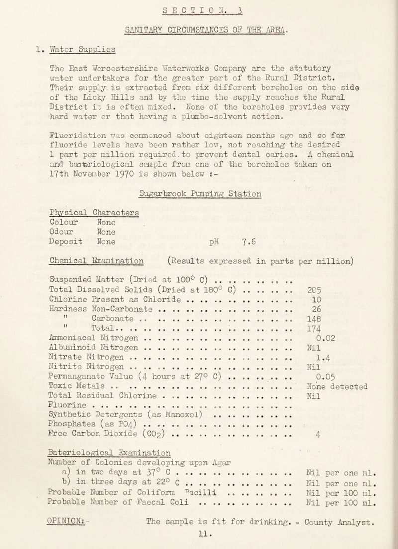 S.mrT.'\RY CIRCUli'ISTANCES OF THE .\REii. !• Water Supplies The East WorcGstcrshire Waterworks Company are the statutory water undertakers for the greater part of the Rural District. Their supply, is extracted from six different boreholes on the side of the Licky Hills and by the time the supply reaches the Rural District it is often mixed. None of the boreholes provides very hard water or that having a plumbo-solvent action. Fluoridation was commenced about eighteen months ago and so far fluoride levels have been rather Ioy/j not reaching the desired 1 part per million required.to prevent dental caries. A chemical and bacteriological sam'ple from one of the boreholes taken on 17th November 1970 is shown belov; g- Sugarbrook Pmping Station Physical Characters Colour None Odour None Deposit None pH 7.6 Chemical Examination (Results expressed in parts per million) w n 00 eo 00 #0 o 00 e o o o 00 00 00 00 00 to ot • Suspended Matter (Dried at 100^ C) ,. .. .. .. Total Dissolved Solids (Dried at 180^ C) .. .. Chlorine Present as Chloride Hardness Non-Carbonate .. .. .. .. Carbonate .. ... Total . Ammoniacal Nitrogen Albuminoid Nitrogen Nitrate Nitrogen .. .• .. . Nitrite Nitrogen Permanganate Value (4 hours at 27^ C) .. ., Toxic Metals .. .. ,. .. .. .. .. .. .. .. . Total Residual Chlorine . . ^ 3^ ZL. . .. .. .. .. O. .. 00 O. CO O. .0 C. .. c Synthetic Detergents (as Manoxol) .. . Phosphates (as PO4) * Free Carbon Dioxide (COp) <>. . 00 0# 00 00 to 00 00 00 00 00 00 o 0 0 to O 205 10 26 148 174 0.02 Nil 1.4 Nil 0.05 None detected Nil 4 Bateriological Examination Number of Colonies developing upon Agar a) in two days at 37*^ C b) in tliree days at 22° g Probable Number of Coliform ^acilli Probable Number of Faecal Coli .. ,. . OPINIONg- The sample is fit for drinking. 11. Nil per one ml. Nil per one ml. Nil per 100 ml. Nil per 100 ml. - County Analyst.