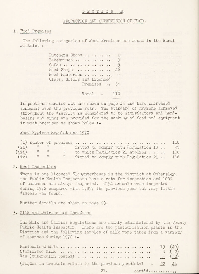 INSPECTION AND SUPERVISION OF POOD. !• Food Premises The following categories of Food Premises are found in the Rural District s- 6 • • • eo oo <>• *9 Butchers Shops Ba.kehouses «. Cafes Food Shops Food Factories Clubs, Hotels and Licenced Premises • • «e c 9 ce oo oo 00 oo oo Total = 110 Inspections carried out are shown on page 14 amd have increased somewhat over the previous year. The standard of hygiene achieved throughout the district is considered to bo satisfactory and hand- basins and sinks are provided for the washing of food and equipment in most premises as shown below s- Food Hygiene Regulations 1970 (i) number of promises 9 9 9 0 o 9 • • 9 9 9 9 0 0 0 9 0 9 0 9 9 9 0 • 9 9 110 (ii) ft n 1! fitted to comply with Regulation 18 .0 95 (iii) tf II II to ?7hich Regulation 21 applies . 0 9 9 9 106 (iv) II 1! T1 fitted to comply Y/ith Regulation 21 .. 106 2. Meat Inspection There is one licenced Slaughterhouse in the district at Ombersley^ the Public Health Inspectors have a rota for inspection and lOCf/o of carcases are always inspected. 2154 animals were inspected during 1972 compared \d-th 1^857 the previous year but very little disease was found. Further details are shown on page 23• 3. Milk and Dairies and Ice-Cream The Milk and Dairies Regulations are mainly administered by the County Public Health Inspector. There are two pasteurisation plants in the District and the follovving sam'ples of milk wore taken from a variety of sources during 1972 Pasteurised Milk Sterilized Milk .. Raw (tuberculin tested) . .. . .. (figires in brackets relate to the previous yoai^Total 19 (40) 3 ( 2) (m) 12 44