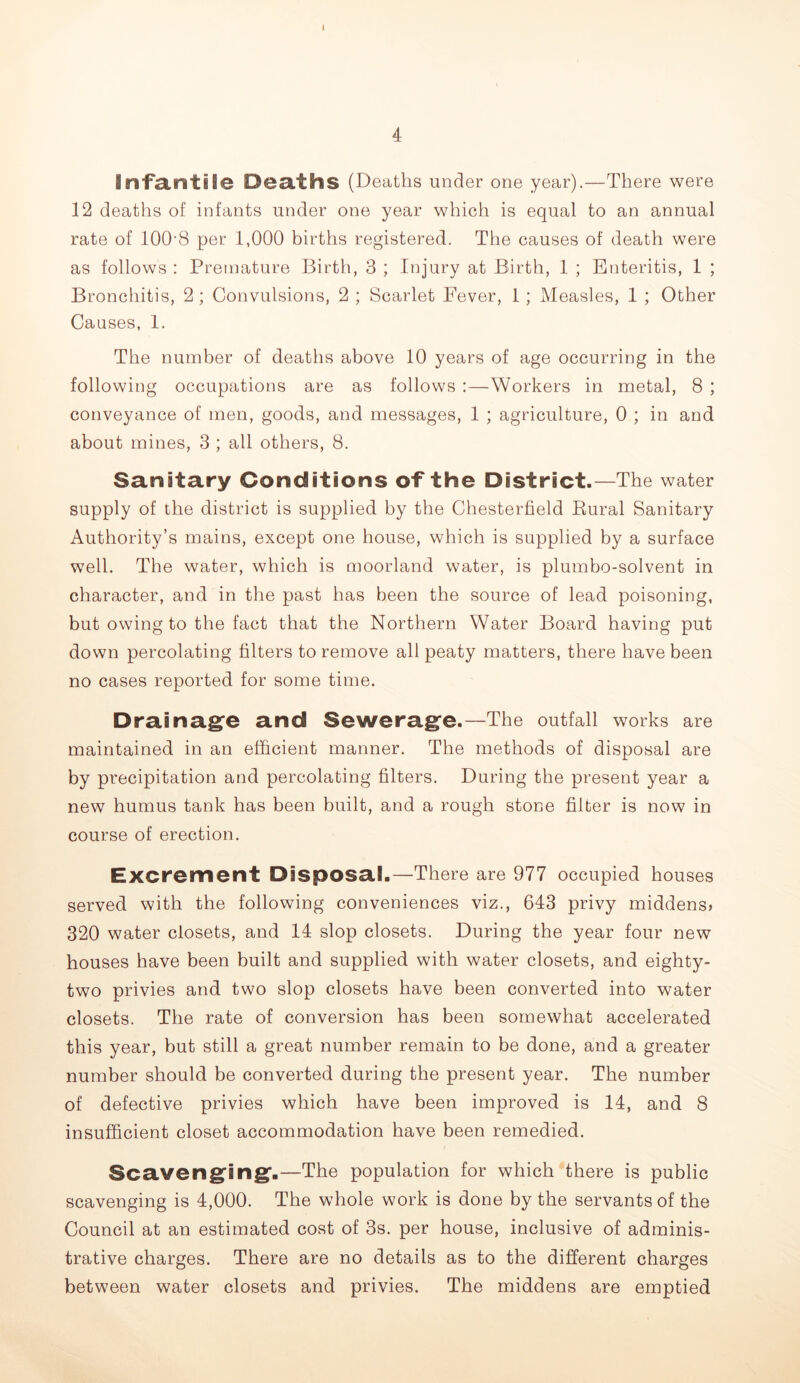 I 4 In'fa.iritile Dea.ths (Deaths under one year).—There were 12 deaths of infants under one year which is equal to an annual rate of lOO'S per 1,000 births registered. The causes of death were as follows : Premature Birth, 3 ; Injury at Birth, 1 ; Enteritis, 1 ; Bronchitis, 2; Convulsions, 2 ; Scarlet Fever, 1; Measles, 1 ; Other Causes, 1. The number of deaths above 10 years of age occurring in the following occupations are as follows :—Workers in metal, 8 ; conveyance of men, goods, and messages, 1 ; agriculture, 0 ; in and about mines, 3 ; all others, 8. Sanitary Conditions of the District.—The water supply of the district is supplied by the Chesterfield Eural Sanitary Authority’s mains, except one house, which is supplied by a surface well. The water, which is moorland water, is plumbo-solvent in character, and in the past has been the source of lead poisoning, but owing to the fact that the Northern Water Board having put down percolating filters to remove all peaty matters, there have been no cases reported for some time. Drainagfe and Seweragfe.—The outfall works are maintained in an efficient manner. The methods of disposal are by precipitation and percolating filters. During the present year a new humus tank has been built, and a rough stone filter is now in course of erection. Excrement Disposal.—There are 977 occupied houses served with the following conveniences viz., 643 privy middens? 320 water closets, and 14 slop closets. During the year four new houses have been built and supplied with water closets, and eighty- two privies and two slop closets have been converted into water closets. The rate of conversion has been somewhat accelerated this year, but still a great number remain to be done, and a greater number should be converted during the present year. The number of defective privies which have been improved is 14, and 8 insufficient closet accommodation have been remedied. Sca.veng’ing'.—The population for which there is public scavenging is 4,000. The whole work is done by the servants of the Council at an estimated cost of 3s. per house, inclusive of adminis- trative charges. There are no details as to the different charges between water closets and privies. The middens are emptied