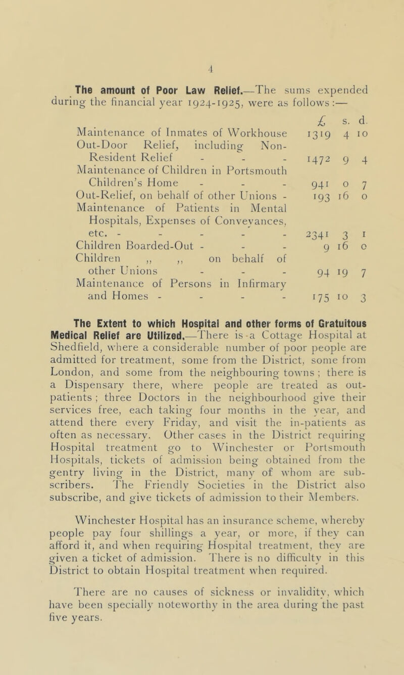 •1 The amount of Poor Law Relief.—The sums expended during the financial year 1924-1925, were as follows:— Maintenance of Inmates of Workhouse Out-Door Relief, including Non- Resident Relief . . . Maintenance of Children in Portsmouth Children’s Home . . . Out-Relief, on behalf of other Unions - Maintenance of Patients in Mental Hospitals, Expenses of Conveyances, etc. - - - - - Children Boarded-Out - Children ,, ,, on behalf of other Unions . . . Maintenance of Persons in Infirmary and Homes - - - - £ s. d. 1319 4 10 1472 9 4 941 07 193 16 o 234‘ 3 I 916 o 94 19 7 ‘75 ‘o 3 The Extent to which Hospital and other forms of Gratuitous Medical Relief are Utilized,—There is a Cottage Hospital at Shedfield, where a considerable number of poor people are admitted for treatment, some from the District, some from London, and some from the neighbouring towns ; there is a Dispensary there, where people are treated as out- patients ; three Doctors in the neighbourhood give their services free, each taking four months in the year, and attend there every Friday, and visit the in-patients as often as necessary. Other cases in the District recjuiring Hospital treatment go to Winchester or Portsmouth Hospitals, tickets of admission being obtained from the gentry living in the District, many of whom are sub- scribers. 'J'he Friendly Societies in the District also subscribe, and give tickets of admission to their Members. Winchester Hospital has an insurance scheme, whereby people pay four shillings a year, or more, if they can afford it, and when requiring Hosj)ital treatment, they are given a ticket of admission. 'I'here is no difficulty in this District to obtain Hospital treatment when required. There are no causes of sickness or invalidity, which have been specially noteworthy in the area during the past five years.