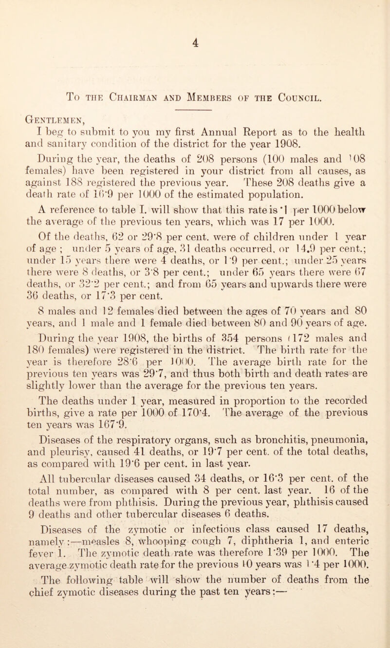 To the Chairman and Members of the Council. Gentlemen, I beg to submit to you my first Annual Report as to the health and sanitary condition of the district for the year 1908. During the year, the deaths of 208 persons (100 males and 108 females) have been registered in your district from all causes, as against 188 registered the previous year. These 208 deaths give a death rate of 10*9 per 1000 of the estimated population. A reference to table I. will show that this rate is *1 per 1000 below the average of the previous ten years, which was 17 per 1000. Of the deaths, 62 or 29‘8 per cent, were of children under 1 year of age ; under 5 years of age, 81 deaths occurred, or 14.9 per cent.; under 15 years there were 4 deaths, or T9 per cent.; under 25 years there were 8 deaths, or 3'8 per cent.; under 65 years there were 67 deaths, or 32*2 per cent.; and from 65 years and upwards there were 36 deaths, or 17*3 per cent. 8 males and 12 females died between the ages of 70 years and 80 years, and 1 male and 1 female died between 80 and 90 years of age. During the year 1908, the births of 354 persons (172 males and 180 females) were registered in the district. The birth rate for the year is therefore 28‘6 per 1000. The average birth rate for the previous ten years was 29’7, and thus both birth and death rates are slightly lower than the average for the previous ten years. The deaths under 1 year, measured in proportion to the recorded births, give a rate per 1000 of 170'4. The average of the previous ten years was 167’9. Diseases of the respiratory organs, such as bronchitis, pneumonia, and pleurisy, caused 41 deaths, or 19*7 per cent, of the total deaths, as compared with 19‘6 per cent, in last year. All tubercular diseases caused 34 deaths, or 16'3 per cent, of the total number, as compared with 8 per cent, last year. 16 of the deaths were from phthisis. During the previous year, phthisis caused 9 deaths and other tubercular diseases 6 deaths. Diseases of the zymotic or infectious class caused 17 deaths, namely:—measles 8, whooping cough 7, diphtheria Rand enteric fever 1. The zymotic death rate was therefore T39 per 1000. The average zymotic death rate for the previous 10 years was I *4 per 1000. The following table will show the number of deaths from the chief zymotic diseases during the past ten years:—