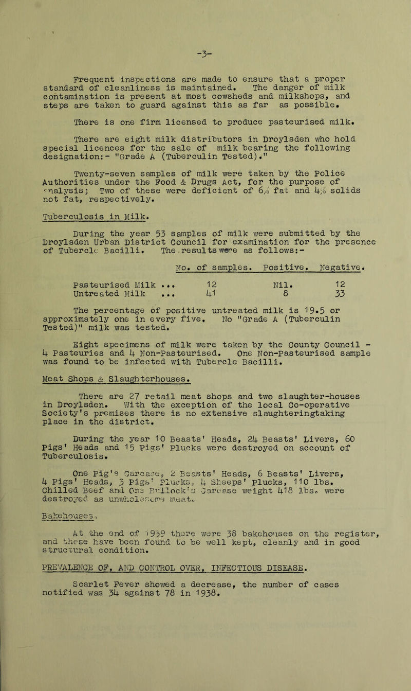 -3- Frequent inspections are made to ensure that a proper standard of cleanliness is maintained. The danger of milk contamination is present at most cowsheds and milkshops, and steps are taken to guard against this as far as possible• There is one firm licensed to produce pasteurised milk. There are eight milk distributors in Droylsden who hold special licences for the sale of milk bearing the follov/ing designation:- Grade A (Tuberculin Tested). Twenty-seven samples of milk were taken by the Police Authorities under the Pood & Drugs Act, for the purpose of analysis; Tv/o of these were deficient of 6/o fat and kVo solids not fat, respectively. Tuberculosis in Milk. During the year 53 samples of milk were submitted by the Droylsden Urban District Council for examination for the presence of Tubercle Bacilli. The - results we'^e as follows:- No» of samples. Positive. Negative^ Pasteurised Milk ... 12 Nil. 12 Untreated Milk ... 41 8 33 The percentage of positive untreated milk is 19.5 or approximately one in every five. No Grade A (Tuberculin Tested) milk was tested. Eight specimens of milk v/ere taken by the County Council - 4 Pasteuries and 4 Non-Pasteurised, One Non-pasteurised sample was found to be infected with Tubercle Bacilli. Meat Shops & Slaughterhouses. There are 27 retail meat shops and two slaughter-houses in Droylsden. With the exception of the local Co-operative Society’s premises there is no extensive slaughteringtaking place in the district. During the year 10 Beasts’ Heads, 24 Beasts’ Livers, 60 pigs’ Heads and I5 Pigs’ plucks were destroyed on account of Tuberculosis. One pig’s Carcase, 2 Beasts’ Heads, 6 Beasts’ Livers, 4 pigs’ Heads, 3 Pigs’ Plucks, 4 Sheeps’ plucks, 110 lbs. Chilled Beef and Ore Bcdlock’s Carcase weight 4I8 Ibso were destroyed as unwholer.ore meat.) Bakehouses At the end of 'i 939 there were 38 bakehoiises on the register, and these have been found to be well kept, cleanly and in good struc'cural condition. PR£Vx\LENCE OF. AND CONTROL OVER. INFECTIOUS DISEASE. Scarlet Fever showed a decrease, the number of cases notified was 34 against 78 in 1938.