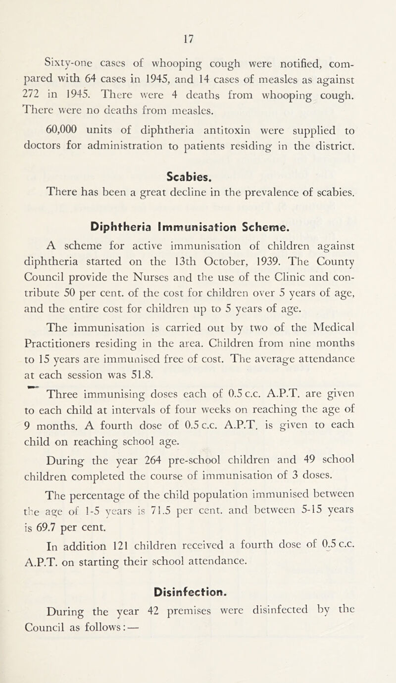 Sixty-one cases of whooping cough were notified, com- pared with 64 cases in 1945, and 14 cases of measles as against 272 in 1945. There were 4 deaths from whooping cough. There were no deaths from measles. 60,000 units of diphtheria antitoxin were supplied to doctors for administration to patients residing in the district. Scabies. There has been a great decline in the prevalence of scabies. Diphtheria Immunisation Scheme. A scheme for active immunisation of children against diphtheria started on the 13th October, 1939. The County Council provide the Nurses and the use of the Clinic and con- tribute 50 per cent, of the cost for children over 5 years of age, and the entire cost for children up to 5 years of age. The immunisation is carried out by two of the Medical Practitioners residing in the area. Children from nine months to 15 years are immunised free of cost. The average attendance at each session was 51.8. Three immunising doses each of 0.5 c.c. A.P.T. are given to each child at intervals of four weeks on reaching the age of 9 months. A fourth dose of 0.5 c.c. A.P.T. is given to each child on reaching school age. During the year 264 pre-school children and 49 school children completed the course of immunisation of 3 doses. The percentage of the child population immunised between the age of 1-5 years is 71.5 per cent, and between 5-15 years is 69.7 per cent. In addition 121 children received a fourth dose of 0.5 c.c. A.P.T. on starting their school attendance. Disinfection. During the year 42 premises were disinfected by the Council as follows : —