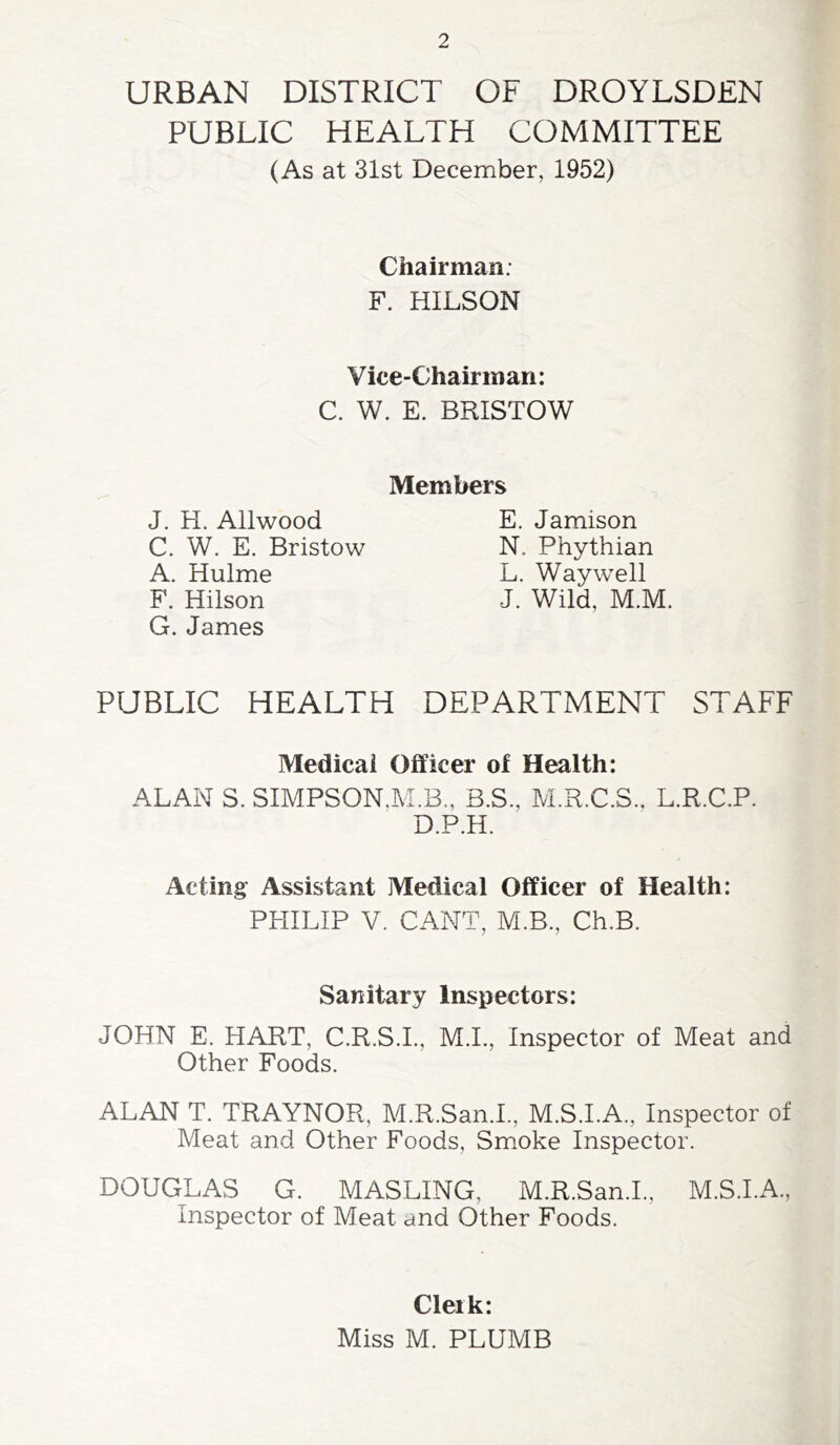 URBAN DISTRICT OF DROYLSDEN PUBLIC HEALTH COMMITTEE (As at 31st December, 1952) Chairman. F. HILSON Vice-Chairman: C. W. E. BRISTOW Members J. H. Allwood E. Jamison C. W. E. Bristow N. Phythian A. Hulme L. Way well F. Hilson J. Wild, M.M. G. James PUBLIC HEALTH DEPARTMENT STAFF Medical Officer of Health: ALAN S. SIMPSON,M.B., B.S., M.R.C.S., L.R.C.P. D.P.H. Acting Assistant Medical Officer of Health: PHILIP V. CANT, M.B., Ch.B. Sanitary Inspectors: JOHN E. HART, C.R.S.I., M.I., Inspector of Meat and Other Foods. ALAN T. TRAYNOR, M.R.San.I., M.S.I.A, Inspector of Meat and Other Foods, Smoke Inspector. DOUGLAS G. MASLING, M.R.San.I., M.S.I.A., inspector of Meat and Other Foods. Clerk: Miss M. PLUMB