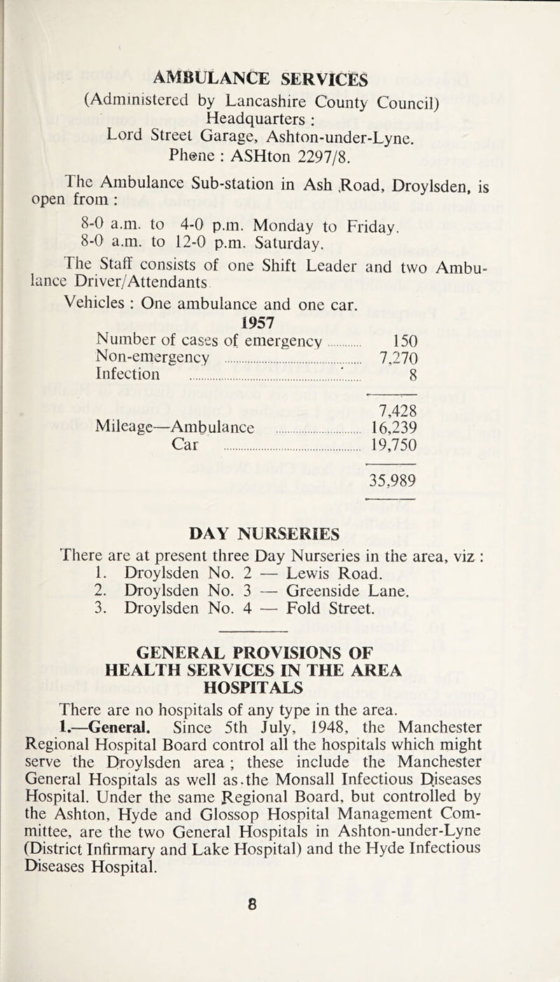 AMBULANCE SERVICES (Administered by Lancashire County Council) Headquarters : Lord Street Garage, Ashton-under-Lyne. Phone : ASHton 2297/8. The Ambulance Sub-station in Ash ,Road, Droylsden, is open from : 8-0 a.m. to 4-0 p.m. Monday to Friday, 8-0 a.m. to 12-0 p.m. Saturday. The Staff consists of one Shift Leader and two Ambu- lance Driver/Attendants Vehicles : One ambulance and one car. 1957 Number of cases of emergency 150 Non-emergency 7,270 Infection ‘ 8 7,428 Mileage—Ambulance 16,239 Car 19,750 35,989 DAY NURSERIES There are at present three Day Nurseries in the area, viz : 1. Droylsden No. 2 — Lewis Road. 2. Droylsden No. 3 — Greenside Lane. 3. Droylsden No. 4 — Fold Street. GENERAL PROVISIONS OF HEALTH SERVICES IN THE AREA HOSPITALS There are no hospitals of any type in the area. 1.-—General. Since 5th July, 1948, the Manchester Regional Hospital Board control all the hospitals which might serve the Droylsden area; these include the Manchester General Hospitals as well as The Monsall Infectious Diseases Hospital. Under the same Regional Board, but controlled by the Ashton, Hyde and Glossop Hospital Management Com- mittee, are the two General Hospitals in Ashton-under-Lyne (District Infirmary and Lake Hospital) and the Hyde Infectious Diseases Hospital.