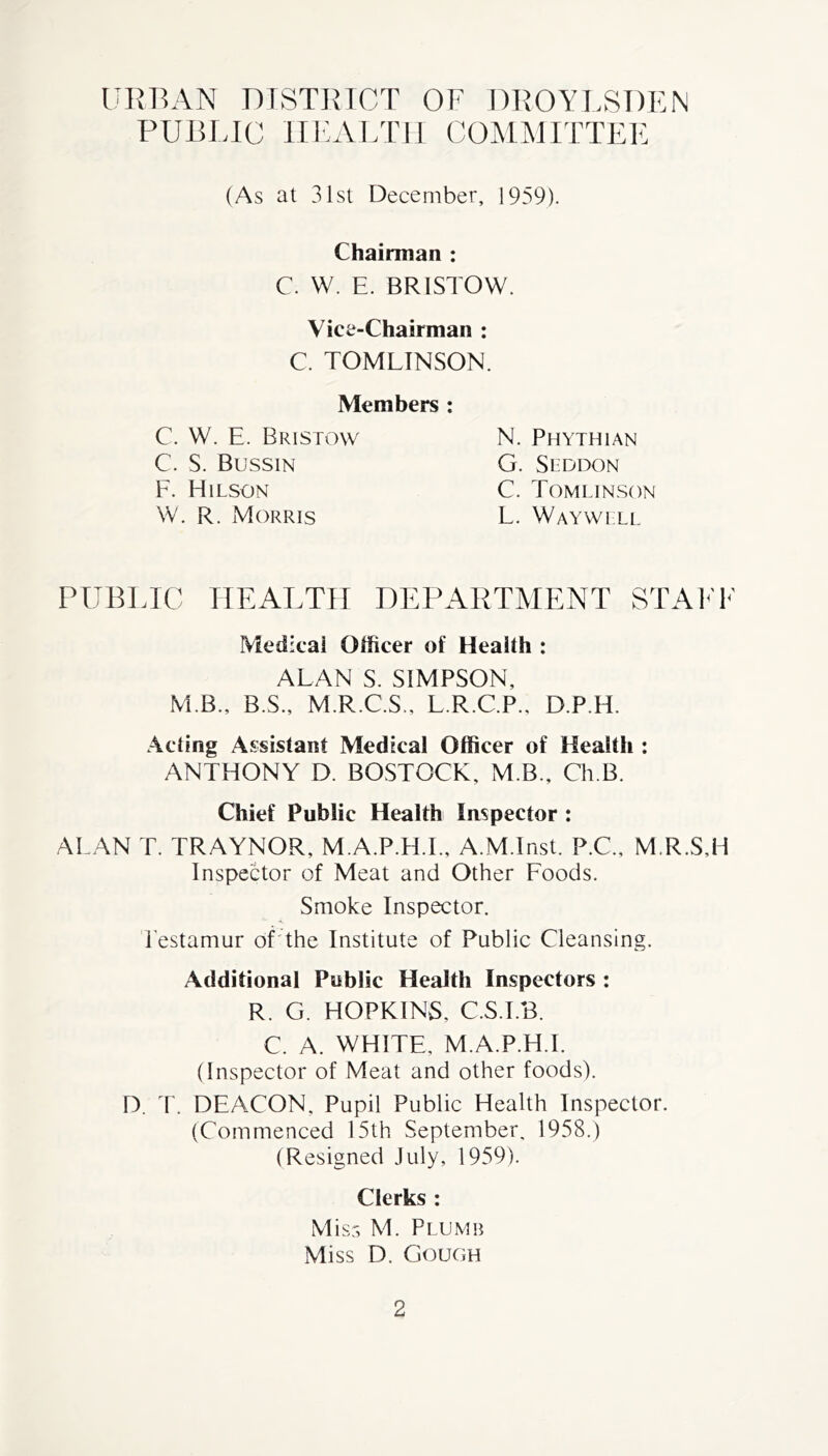 URBAN DISTRICT OF DROYLSDEN PUBLIC HEALTH COMMITTEE (As at 31st December, 1959). Chairman : C. W. E. BRISTOW. Vice-Chairman : C. TOMLINSON. Members : C. W. E. Bristow C. S. Bussin F. Hilson W. R. Morris N. Phythian G. Seddon C. Tomlinson L. Waywell PUBLIC HEALTH DEPARTMENT STALK Medical Officer of Health : ALAN S. SIMPSON, M B., B.S., M.R.C.S., L.R.C.P., D.P.H. Acting Assistant Medical Officer of Health : ANTHONY D. BOSTOCK, M.B., Ch.B. Chief Public Health Inspector : ALAN T. TRAYNOR, M.A.P.H.I., A.M.Inst. P.C., M.R.S,H Inspector of Meat and Other Foods. Smoke Inspector. Testamur of the Institute of Public Cleansing. Additional Public Health Inspectors : R. G. HOPKINS, C.S.I.B. C. A. WHITE, M.A.P.H I. (Inspector of Meat and other foods). D. T. DEACON, Pupil Public Health Inspector. (Commenced 15th September, 1958.) (Resigned July, 1959). Clerks : Miss M. Plumb Miss D. Gough