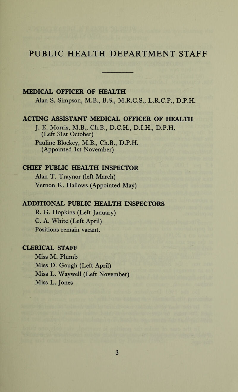 PUBLIC HEALTH DEPARTMENT STAFF MEDICAL OFFICER OF HEALTH Alan S. Simpson, M.B., B.S., M.R.C.S., L.R.C.P., D.P.H. ACTING ASSISTANT MEDICAL OFFICER OF HEALTH J. E. Morris, M.B., Ch.B., D.C.H., D.I.H., D.P.H. (Left 31st October) Pauline Blockey, M.B., Ch.B., D.P.H. (Appointed 1st November) CHIEF PUBLIC HEALTH INSPECTOR Alan T. Traynor (left March) Vernon K. Hallows (Appointed May) ADDITIONAL PUBLIC HEALTH INSPECTORS R. G. Hopkins (Left January) C. A. White (Left April) Positions remain vacant. CLERICAL STAFF Miss M. Plumb Miss D. Gough (Left April) Miss L. Waywell (Left November) Miss L. Jones