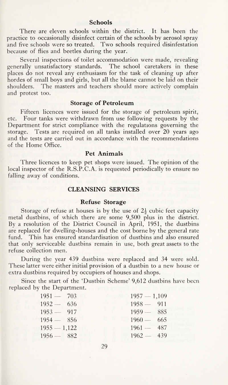 Schools There are eleven schools within the district. It has been the practice to occasionally disinfect certain of the schools by aerosol spray and five schools were so treated. Two schools required disinfestation because of flies and beetles during the year. Several inspections of toilet accommodation were made, revealing generally unsatisfactory standards. The school caretakers in these places do not reveal any enthusiasm for the task of cleaning up after hordes of small boys and girls, but all the blame cannot be laid on their shoulders. The masters and teachers should more actively complain and protest too. Storage of Petroleum Fifteen licences were issued for the storage of petroleum spirit, etc. Four tanks were withdrawn from use following requests by the Department for strict compliance with the regulations governing the storage. Tests are required on all tanks installed over 20 years ago and the tests are carried out in accordance with the recommendations of the Home Office. Pet Animals Three licences to keep pet shops were issued. The opinion of the local inspector of the R.S.P.C.A. is requested periodically to ensure no falling away of conditions. CLEANSING SERVICES Refuse Storage Storage of refuse at houses is by the use of 2 J cubic feet capacity metal dustbins, of which there are some 9,500 plus in the district. By a resolution of the District Council in April, 1951, the dustbins are replaced for dwelling-houses and the cost borne by the general rate fund. This has ensured standardisation of dustbins and also ensured that only serviceable dustbins remain in use, both great assets to the refuse collection men. During the year 439 dustbins were replaced and 34 were sold. These latter were either initial provision of a dustbin to a new house or extra dustbins required by occupiers of houses and shops. Since the start of the ‘Dustbin Scheme’ 9,612 dustbins have been replaced by the Department. 1951 — 703 1957 — 1,109 1952 — 636 1958 — 911 1953 — 917 1959 — 885 1954 — 856 1960 — 665 1955 — 1,122 1961 — 487 1956 — 882 1962 — 439