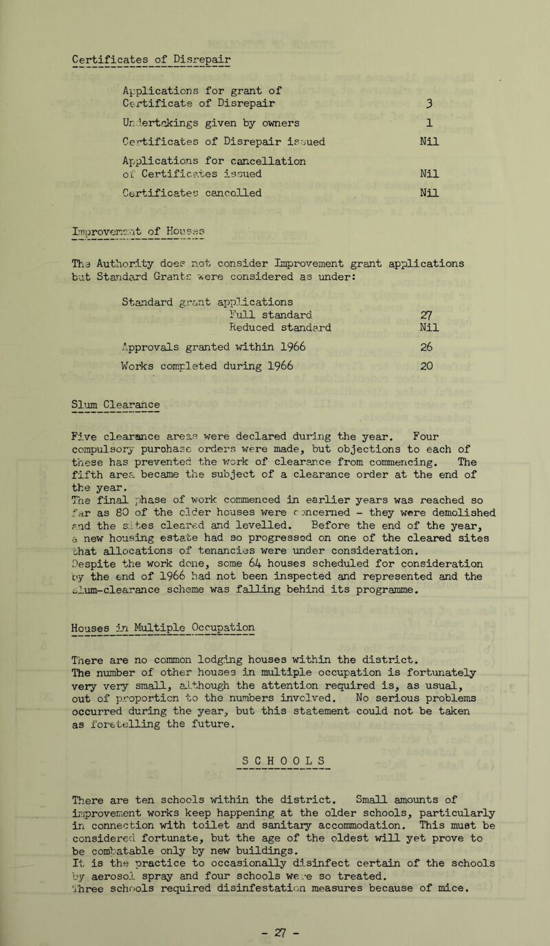 Certificates of Disrepair Applications for grant of Certificate of Disrepair 3 Undertakings given by owners 1 Certificates of Disrepair issued Nil Applications for cancellation of Certificates issued Nil Certificates cajicclled Nil Irriprovenent of Rouses The Authority does not consider Improvement grant applications but Stands,rd Grants were considered as under: Standard grant applications Full standard 27 Reduced standard Nil Approvals granted within 1966 26 Works completed during 1966 20 Slum Clearance Five clearance 3,reas were declared durjjng the year. Four compulsory purchase orders were made, but objections to each of these has prevented the work of clearance from commencing. The fifth area became the subject of a clearance order at the end of the year. The final phase of work commenced in earlier years was reached so far as 80 of the older houses were concerned - they were demolished and the s;ltes cleared and levelled. Before the end of the year, a new housing estate had so progressed on one of the cleared sites that allocations of tenancies were under consideration. Despite the work done, some 64 houses scheduled for consideration by the end of 1966 had not been inspected and represented and the ei-um-clearance scheme was falling behind its programme. Houses in Multiple Occupation There are no common lodging houses within the district. The number of other houses in multiple occupation is fortunately very very small, ai.though the attention required is, as usual, out of proportion to the numbers invol.ved. No serious problems occurred during the year, but this statement could not be taken as foretelling the future. SCHOOLS There are ten schools within the district. Small amounts of iraprovement works keep happening at the older schools, particularly in connection with toilet and sanitary accommodation. This must be considered fortunate, but the age of the oldest will yet prove to be cofflbatable only by new buildings. It is the practice to occasionally disinfect certain of the schools by aerosol spray and four schools we.-e so treated. Three schools required disinfestation measures because of mice.