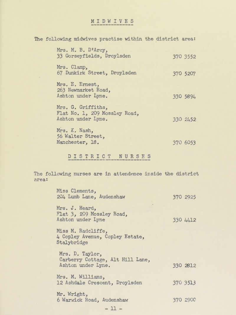 MIDWIVES The following midwives practise within the district area: Mrs. M. B. D^Arcy, 33 Gorseyfields, Droylsden Mrs. Clamp, 67 Dunkirk Street, Droylsden Mrs. E, Ernest, 263 Newmarket Road, Ashton under Lyne. Mrs, G, Griffiths, Flat No, 1, 209 Mossley Road, Ashton under Lyne. Mrs. K. Nash, 56 Walter Street, Manchester, 18. 370 3552 370 5207 330 5894 330 2452 370 6053 DISTRICT NURSES The following nurses are in attendence inside the district area: Miss Clements, 204 Lumb Lane, Audenshaw 370 2925 Mrs. J. Heard, Flat 3} 209 Mossley Road, Ashton under Lyne 330 4412 Miss M. Radcliffe, 4 Copley Avenue, Copley Estate, Stalybridge Mrs. D. Taylor, Carberry Cottage, Alt Hill Lane, Ashton under Lyne. 330 2812 Mrs. M. Williams, 12 Ashdale Crescent, Droylsden 370 3513 Mr. Wright, 6 Warwick Road, Audenshaw 370 2900