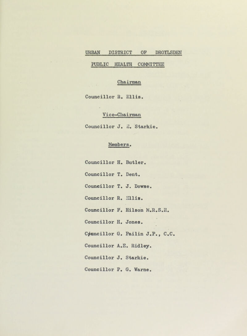 URBAN DISTRICT OF DROYLSDEN PUBLIC HEALTH CQMITTEE Chairman Councillor R, Ellis. Vic e-Chairman Councillor J, E. Starkie. Members. Councillor H. Butler. Councillor T. Dent. Councillor T. J. Dowse. Councillor R. Ellis. Councillor F, Hilson M.R.S.H. Councillor H. Jones. Cjiuncillor G, Pailin J.P., C.C. Councillor A.E. Ridley. Councillor J. Starkie. Councillor P, G. ¥arne