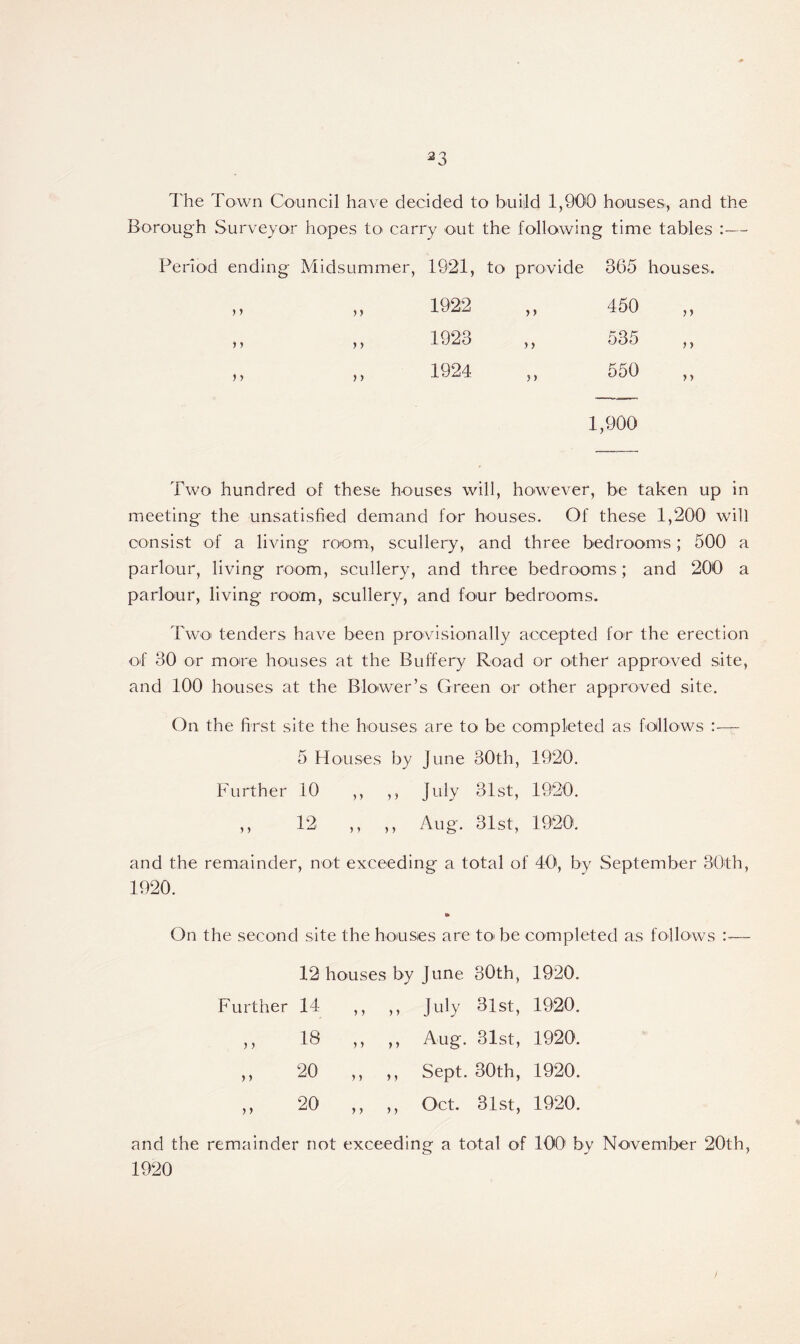 The Town Council have decided to build 1,900 houses,, and the Borough Surveyor hopes to carry out the following time tables :— Period ending Midsummer, 1921, to provide 365 houses. ,, „ 1922 „ 450 ,, ,, 1923 ,, 535 ,, „ „ 1924 „ 550 1,900 Two hundred of these houses will, however, be taken up in meeting the unsatisfied demand for houses. Of these 1,200 will consist of a living room, scullery, and three bedrooms; 500 a parlour, living room, scullery, and three bedrooms; and 200 a parlour, living room, scullery, and four bedrooms. Two tenders have been provisionally accepted for the erection of 30 or more houses at the Buffery Road or other approved site, and 100 houses at the Blower’s Green or other approved site. On the first site the houses are to be completed as follows :— 5 Houses by June 30th, 1920. Further 10 ,, ,, July 31st, 1920. ,, 12 ,, ,, Aug. 31st, 1920. and the remainder, not exceeding a total of 40, by September 30th, 1920. On the second site the houses are to be completed as follows 12 houses by June 30th, 1920. Further 14 ,, ,, July 31st, 1920. 18 ,, ,, Aug. 31st, 1920. 20 ,, ,, Sept. 30th, 1920. 20 ,, ,, Oct. 31st, 1920. y > > y and the remainder not exceeding a total of 1O01 by November 20th, 1920